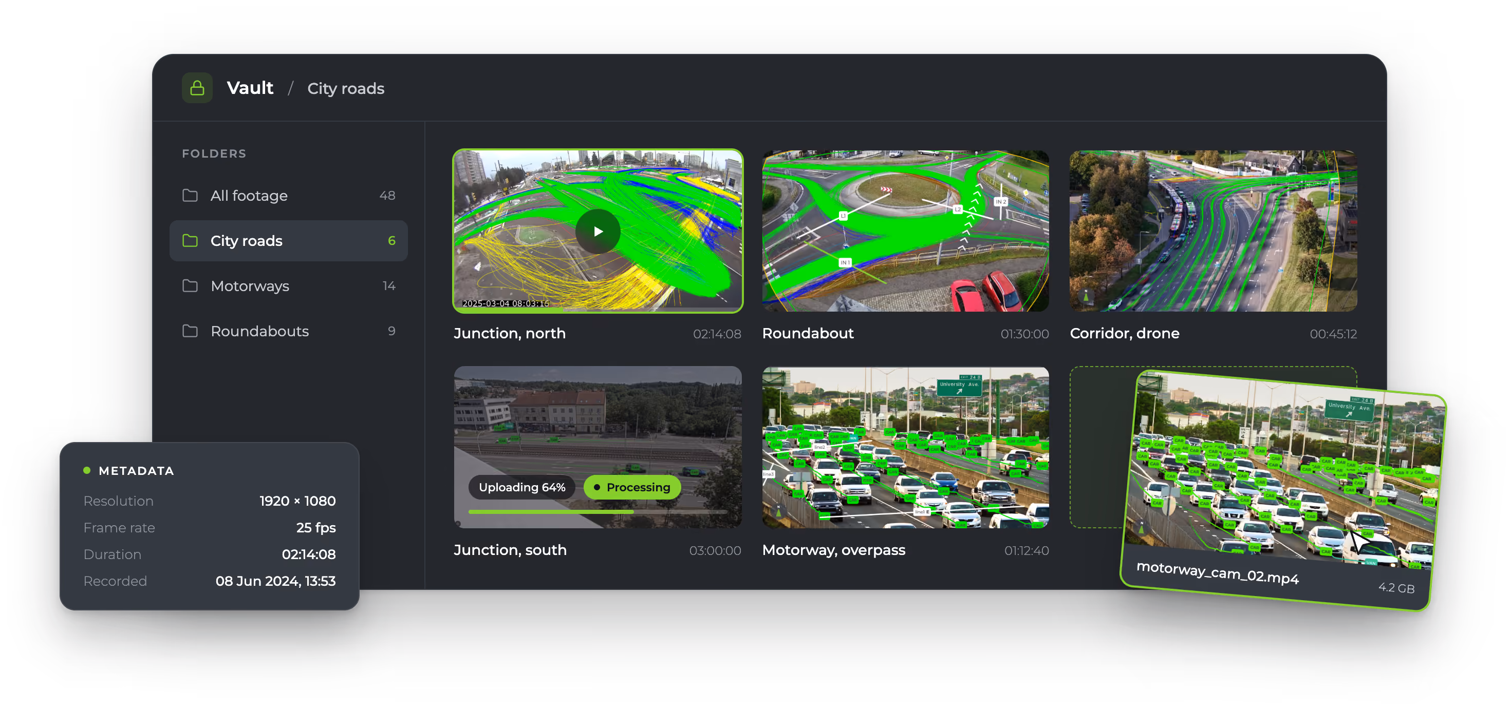 GoodVision Vault organizing traffic footage into folders, with processed junction, roundabout and motorway videos, an upload processing in progress and video metadata