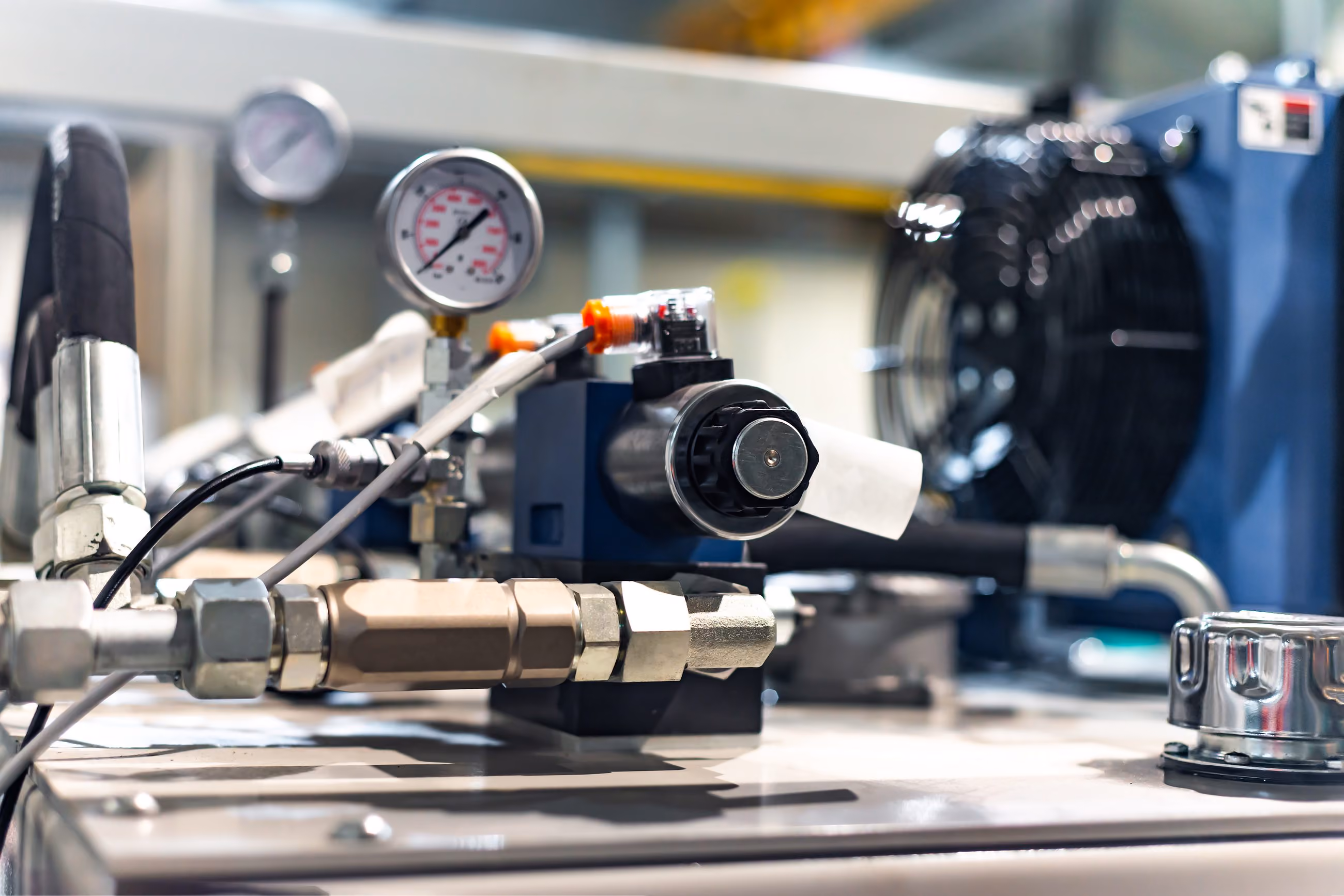 A pressure gauge and valve block on a hydraulic power unit