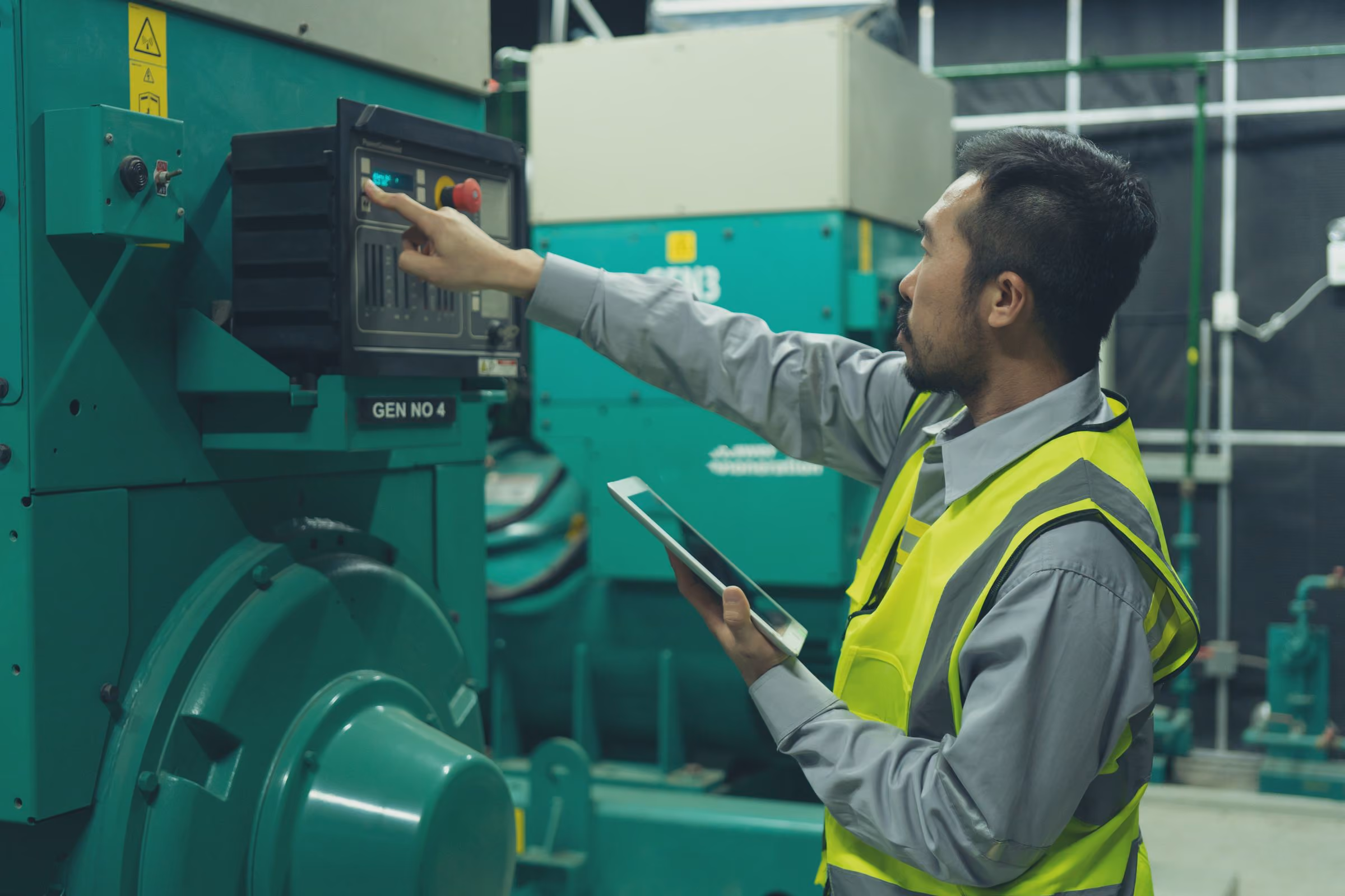 A technician with a tablet servicing a standby generator