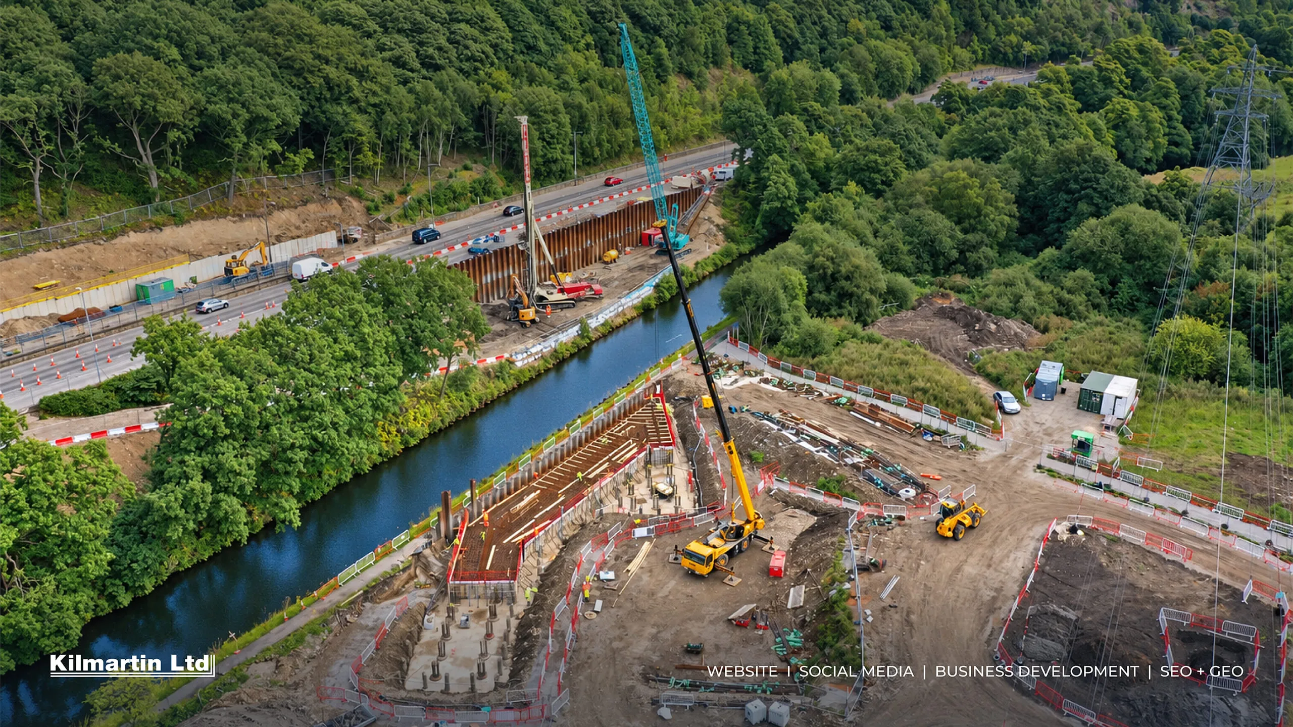 Kilmartin Ltd bridge construction site beside a waterway, aerial view, website, social media, business development and SEO + GEO by Just Chill