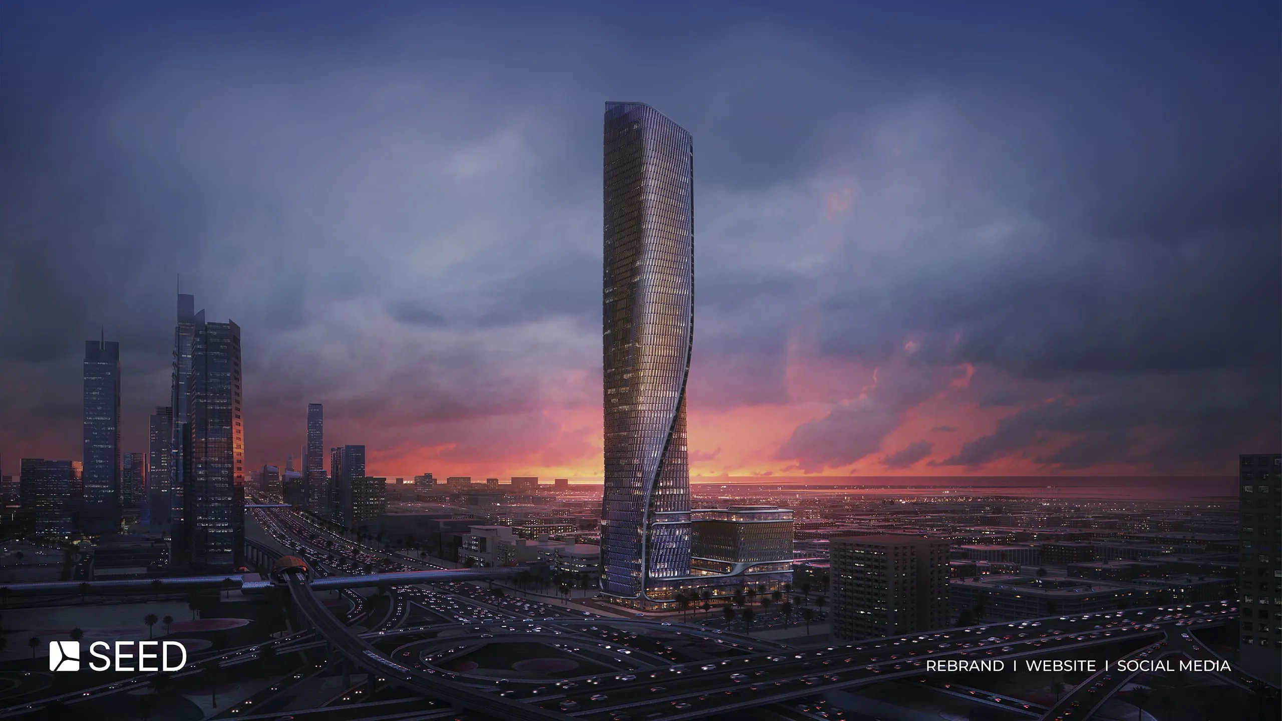 SEED Engineering skyscraper at sunset, rebrand, website and social media by Just Chill