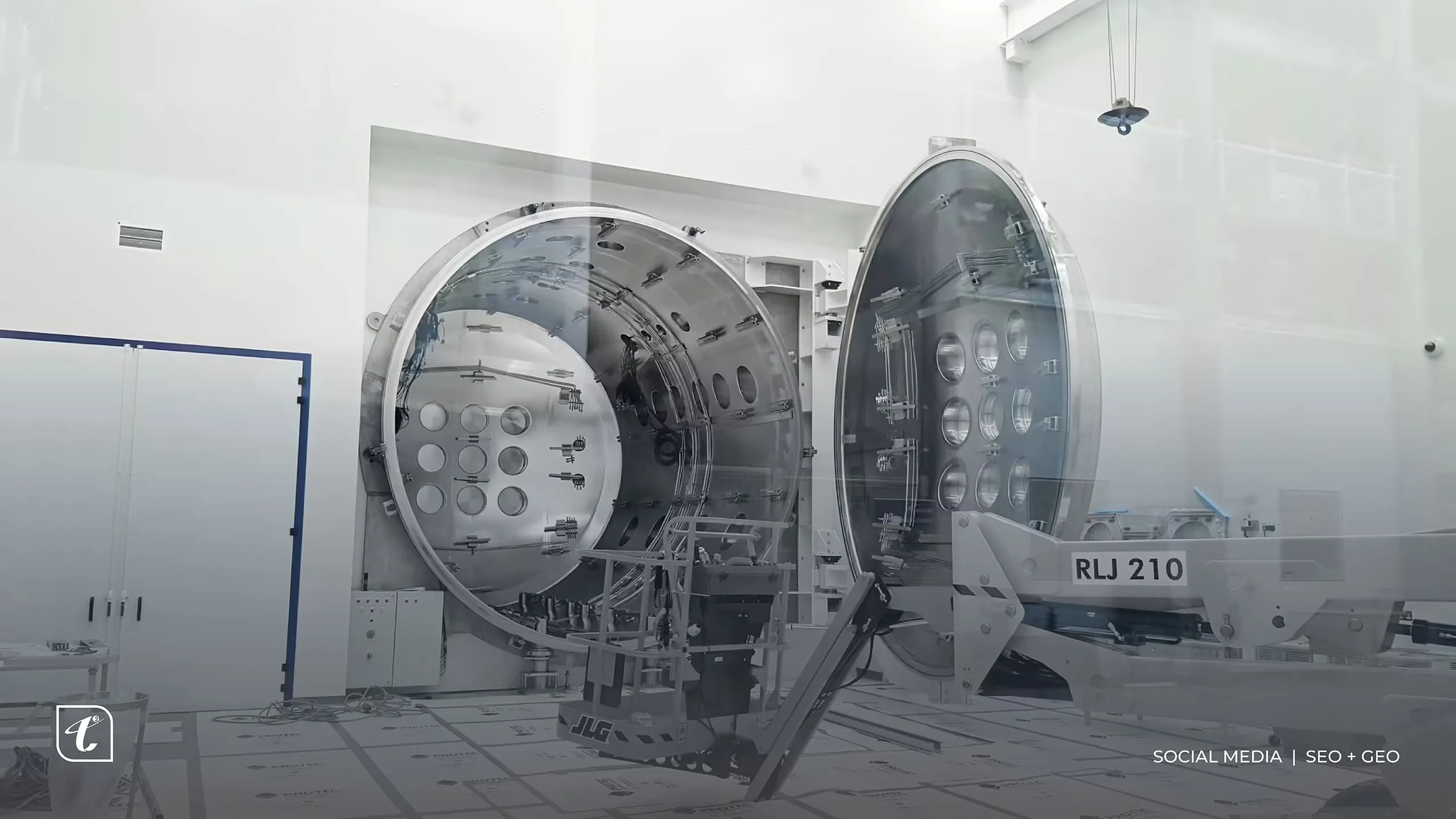 T-Squared cleanroom industrial equipment in black and white, social media and SEO + GEO by Just Chill