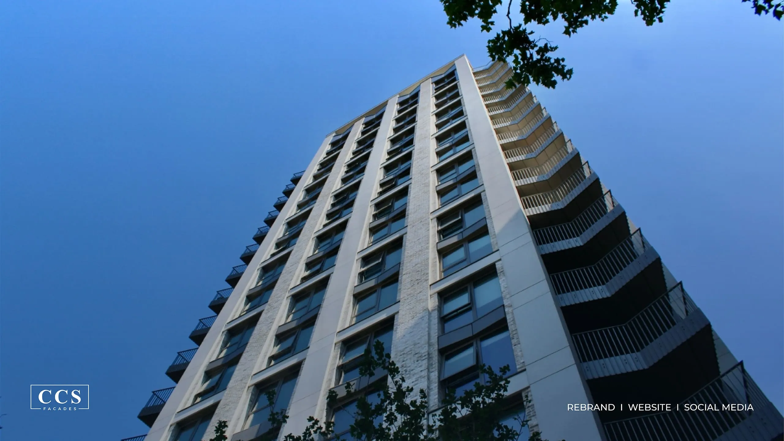 CCS Facades tall residential tower seen from below, rebrand, website and social media by Just Chill