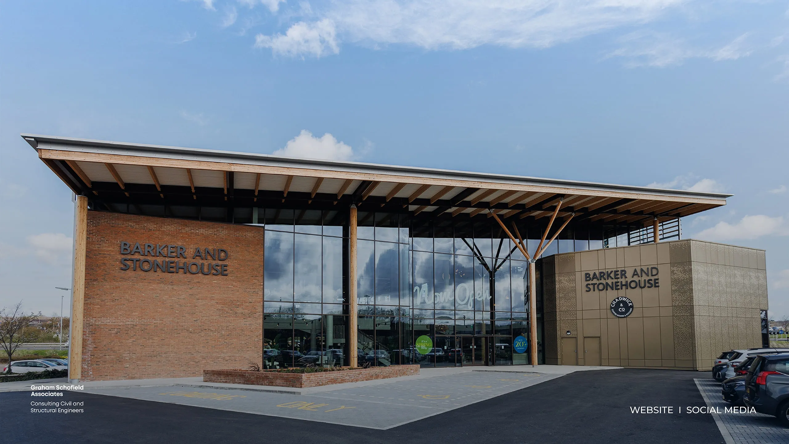 Barker and Stonehouse building with a timber-framed entrance canopy, website and social media by Just Chill