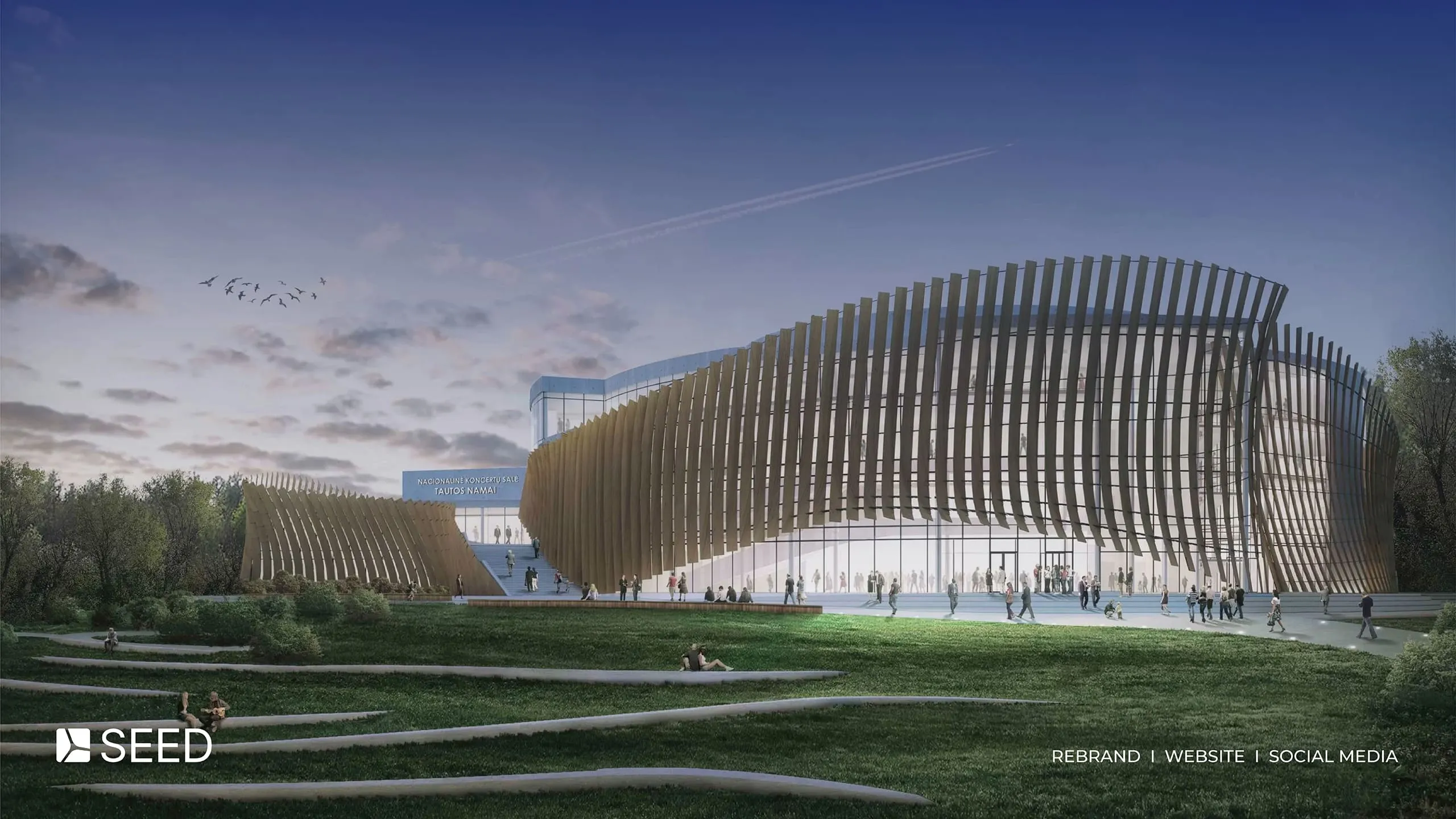 SEED Engineering timber-slatted arts building at dusk, rebrand, website and social media by Just Chill