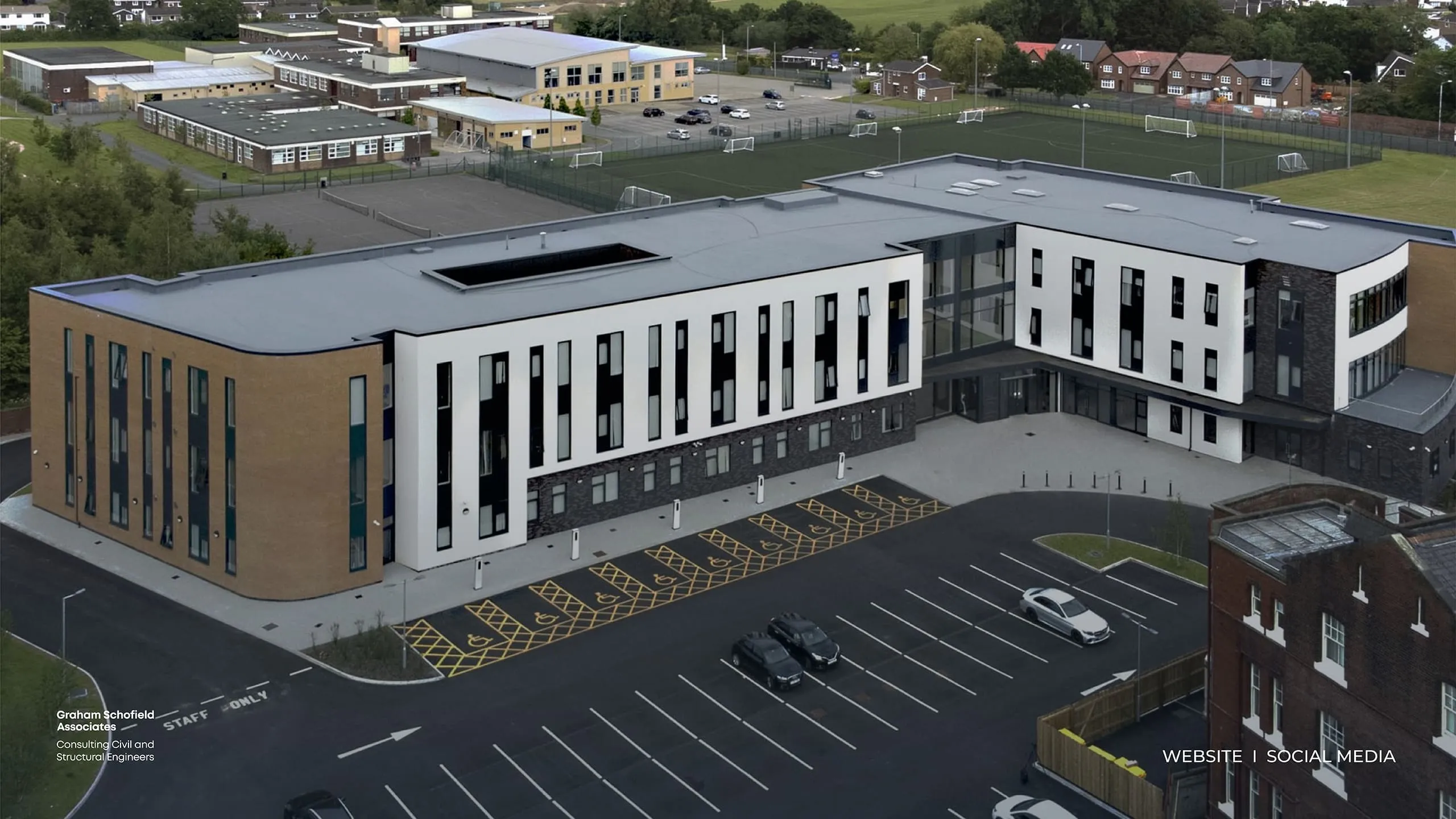 Modern three-storey building with a car park, aerial view, website and social media by Just Chill