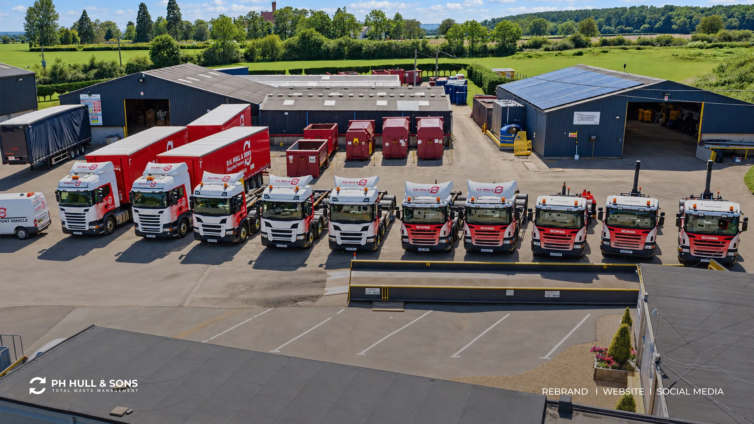 PH Hull & Sons fleet of lorries and skip trucks at the yard, rebrand, website and social media by Just Chill