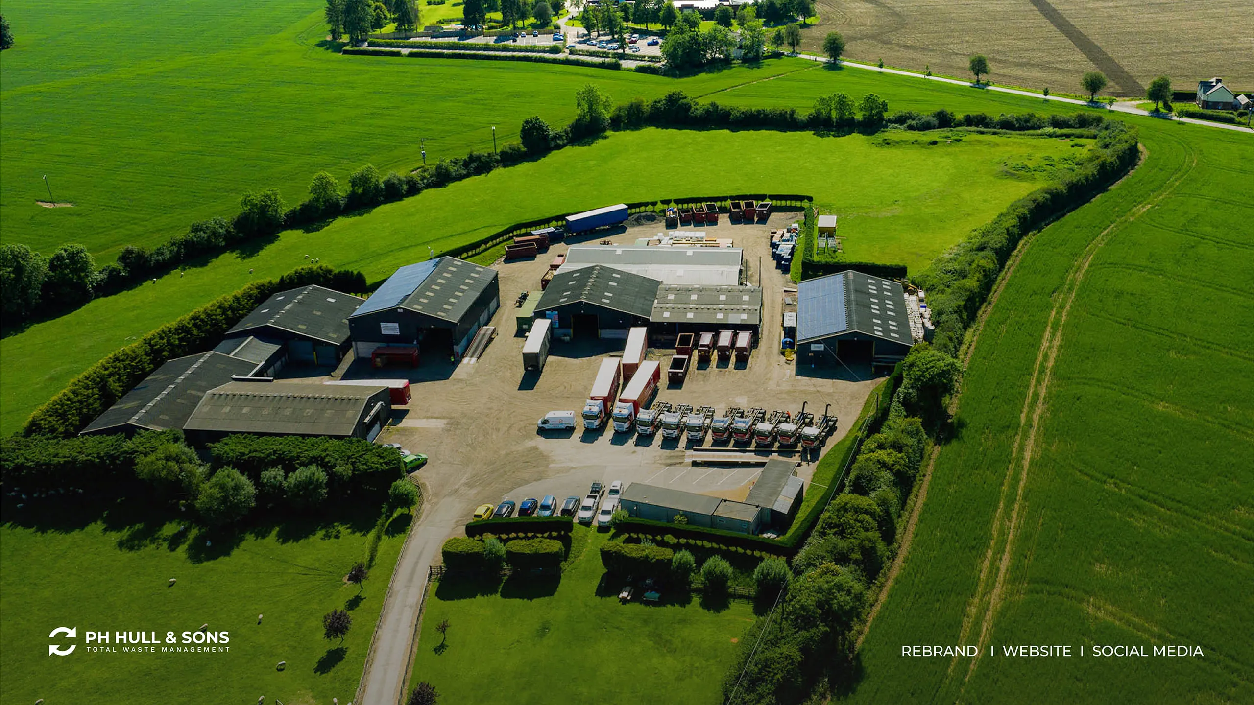 PH Hull & Sons waste management site in open countryside, aerial view, rebrand, website and social media by Just Chill