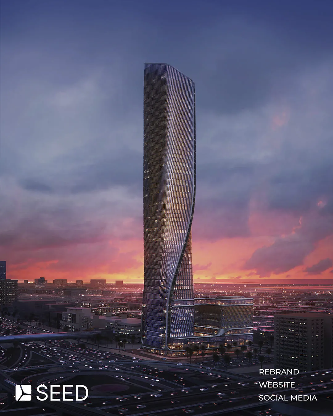 SEED Engineering skyscraper at sunset, rebrand, website and social media by Just Chill
