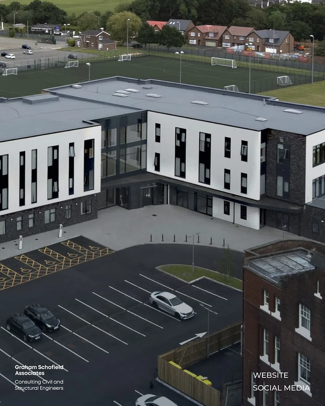 Modern three-storey building with a car park, aerial view, website and social media by Just Chill