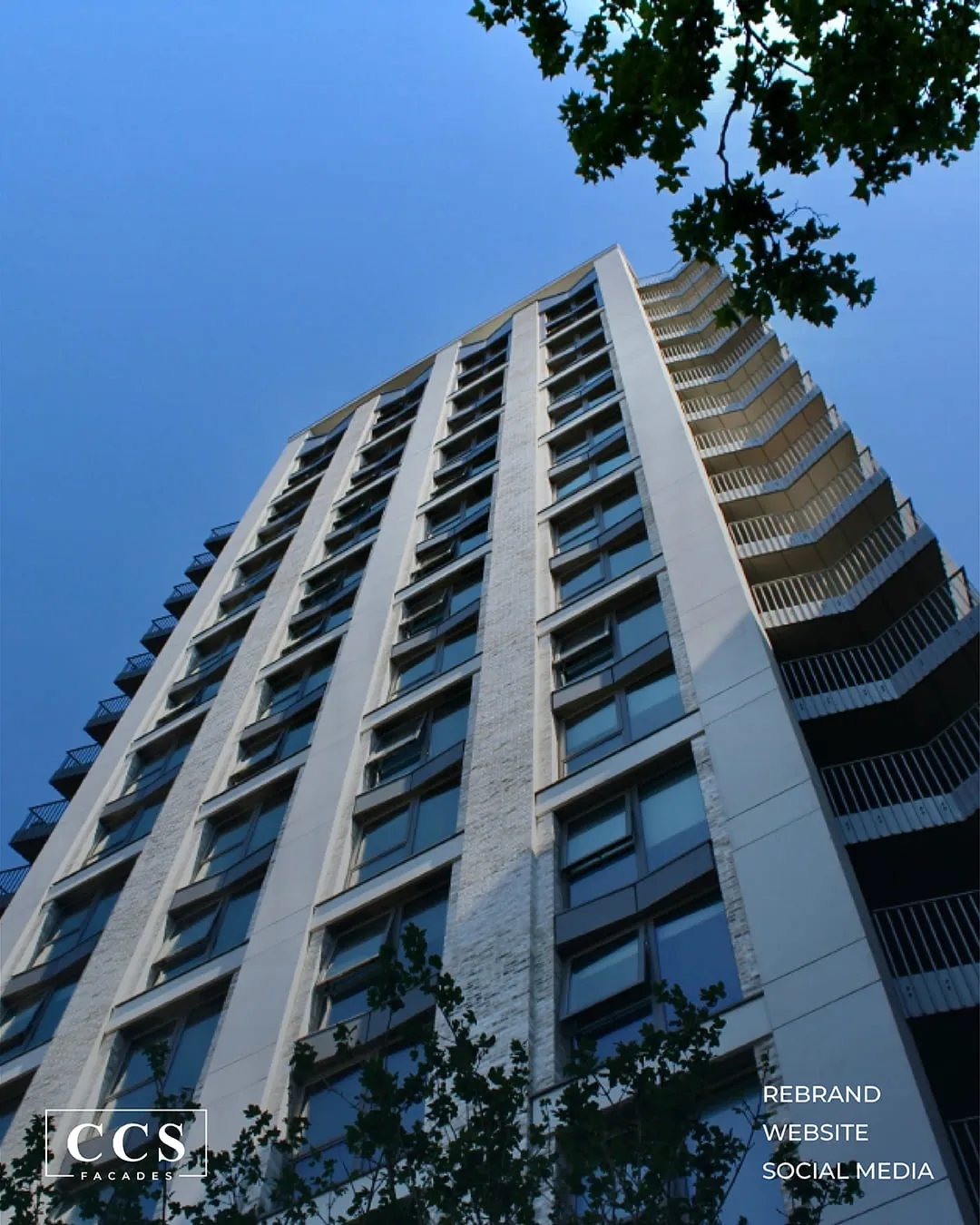 CCS Facades tall residential tower seen from below, rebrand, website and social media by Just Chill