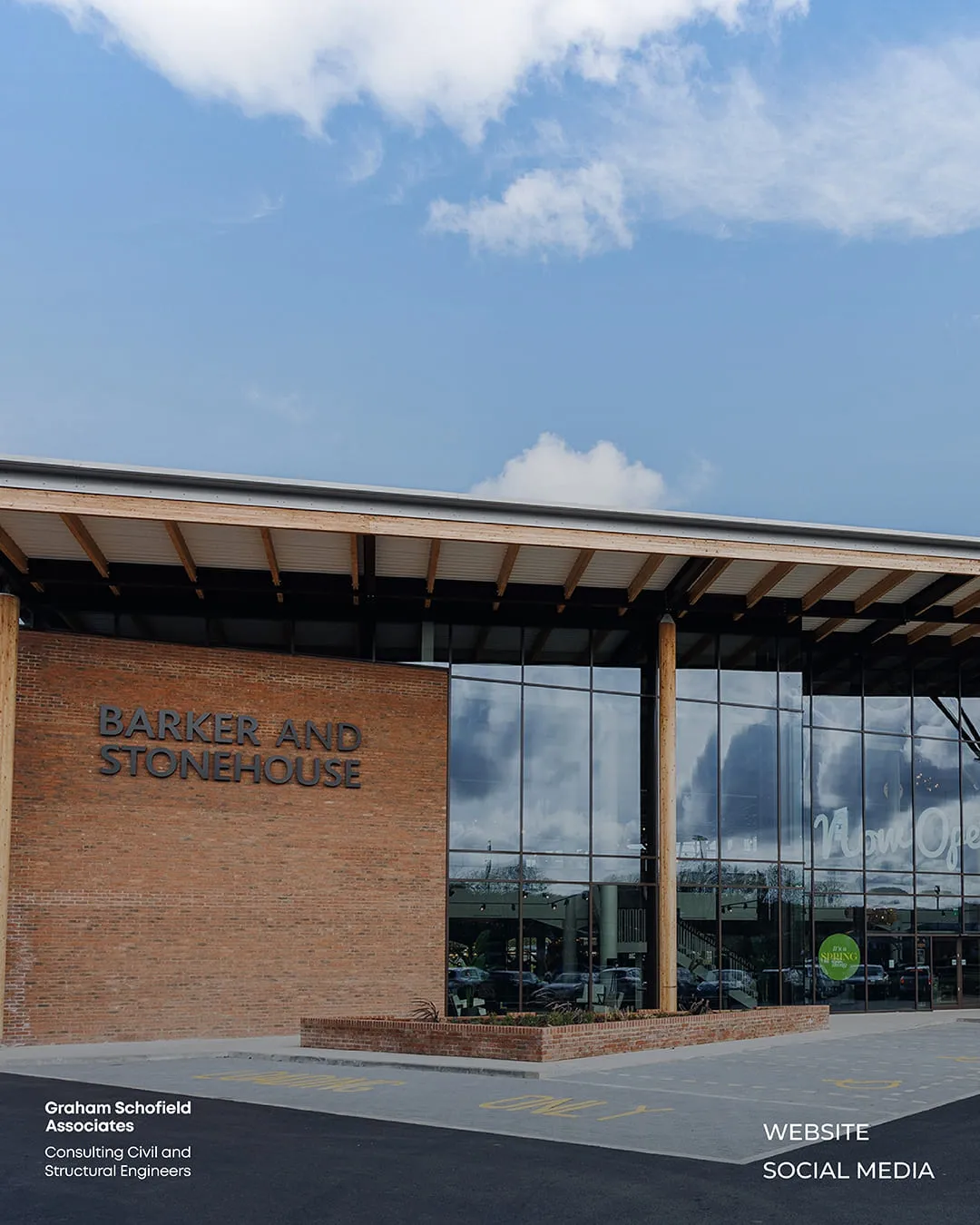 Barker and Stonehouse building with a timber-framed entrance canopy, website and social media by Just Chill