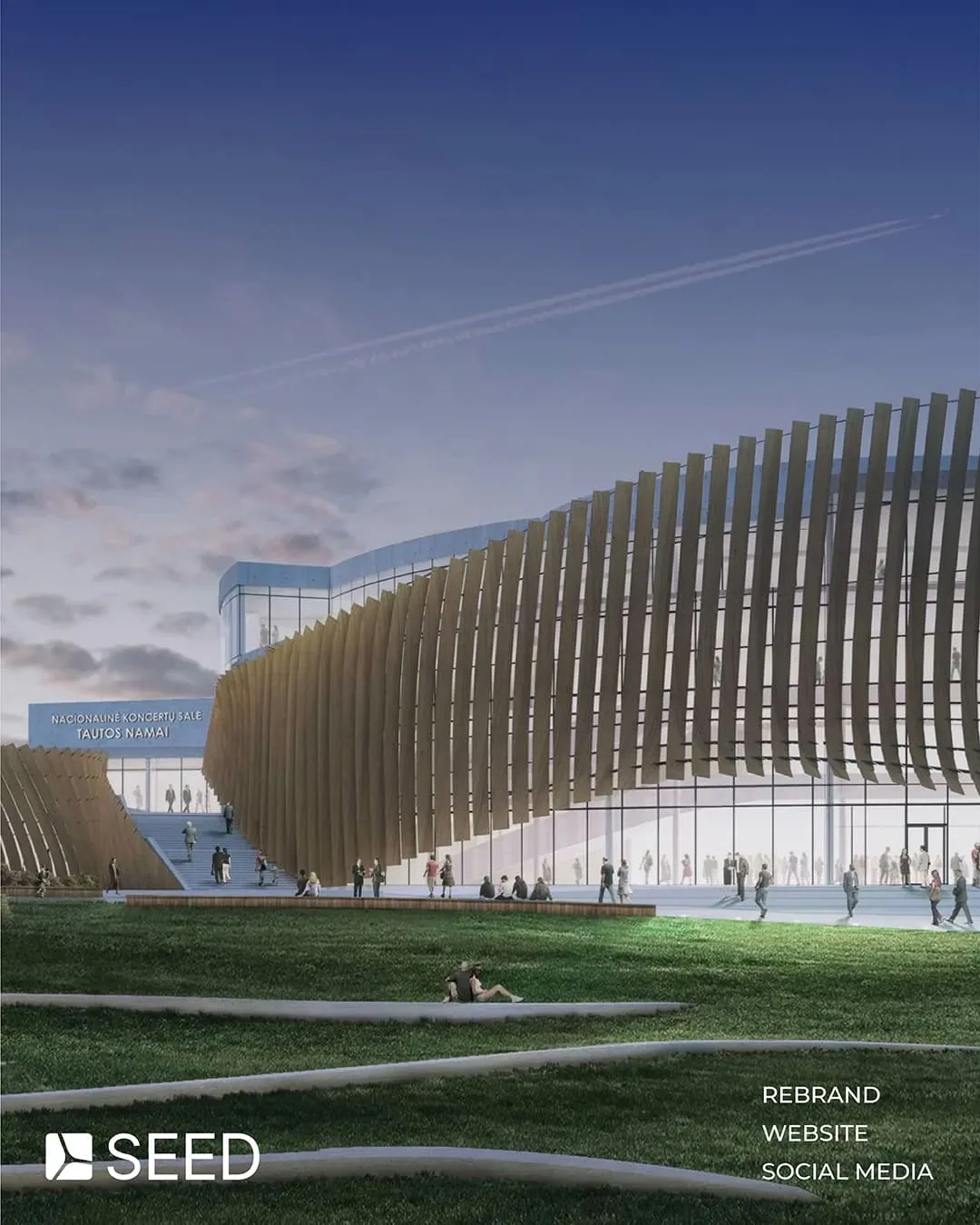 SEED Engineering timber-slatted arts building at dusk, rebrand, website and social media by Just Chill