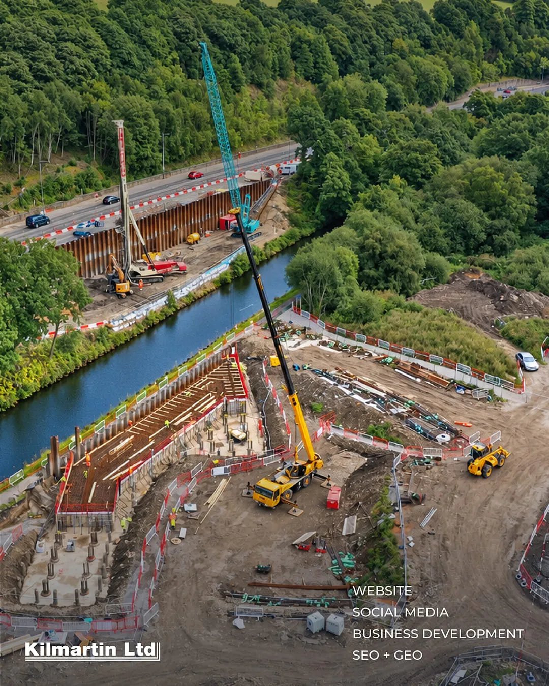 Kilmartin Ltd bridge construction site beside a waterway, aerial view, website, social media, business development and SEO + GEO by Just Chill