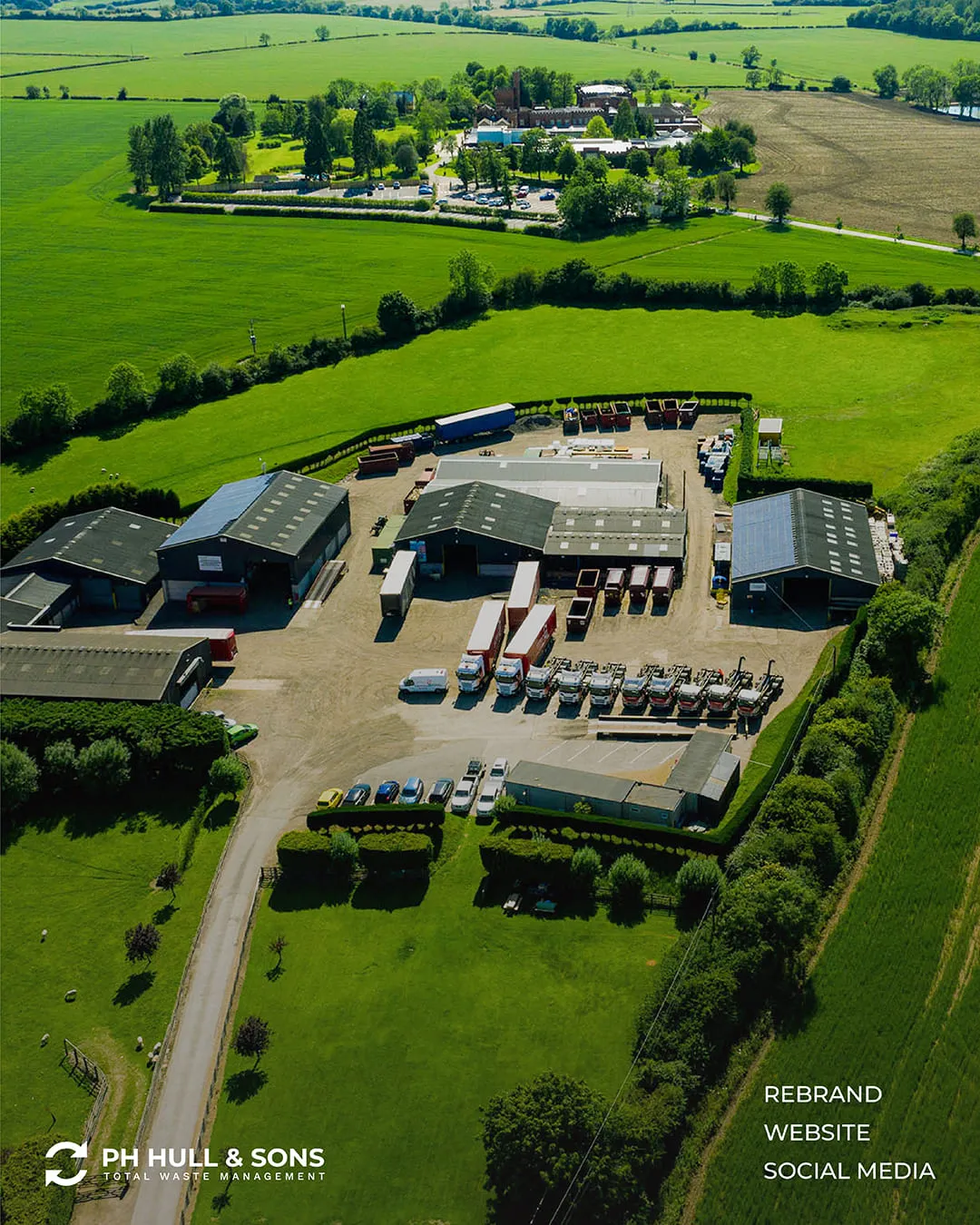 PH Hull & Sons waste management site in open countryside, aerial view, rebrand, website and social media by Just Chill