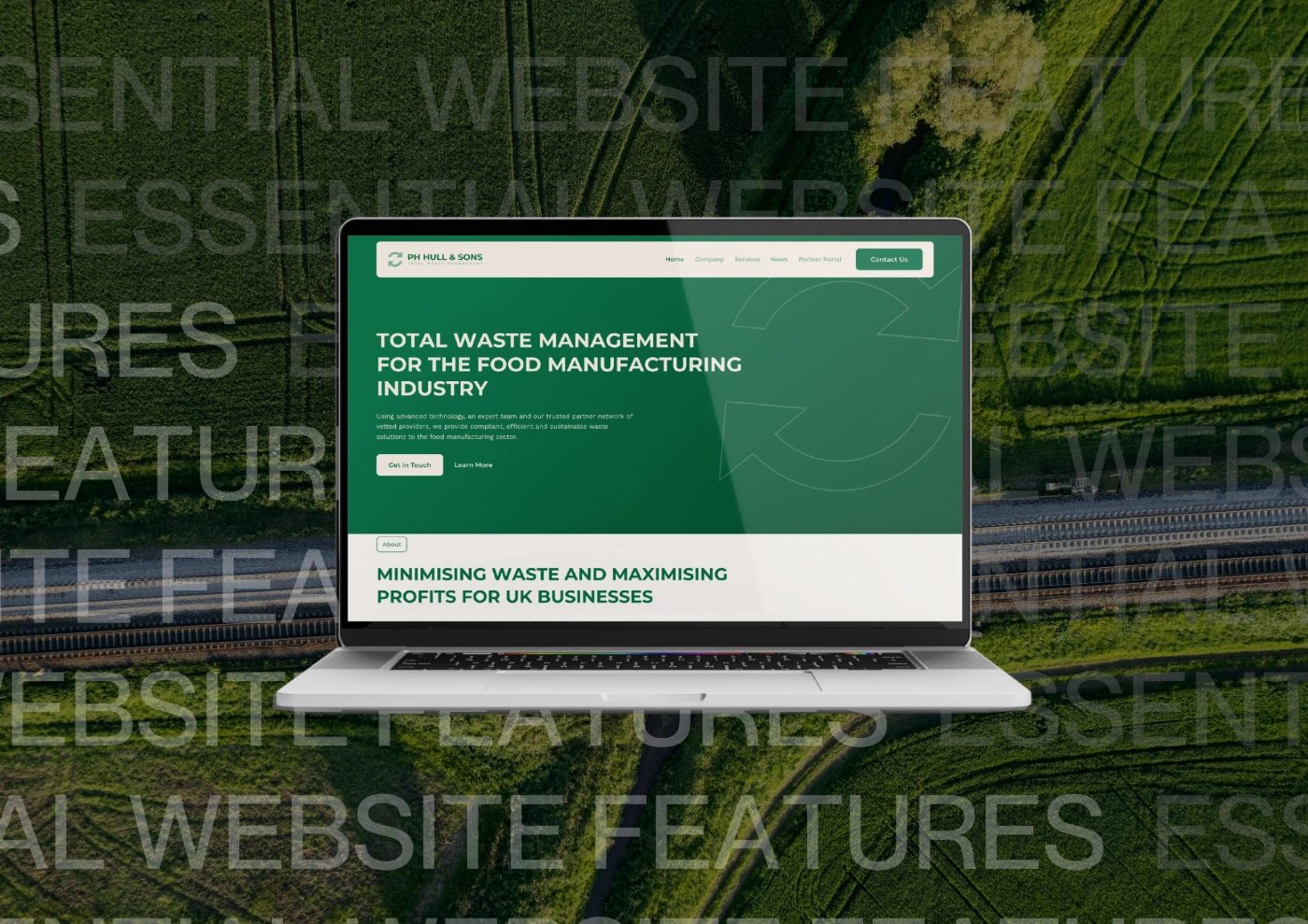 Laptop showing a green waste management company website over an aerial photo of fields