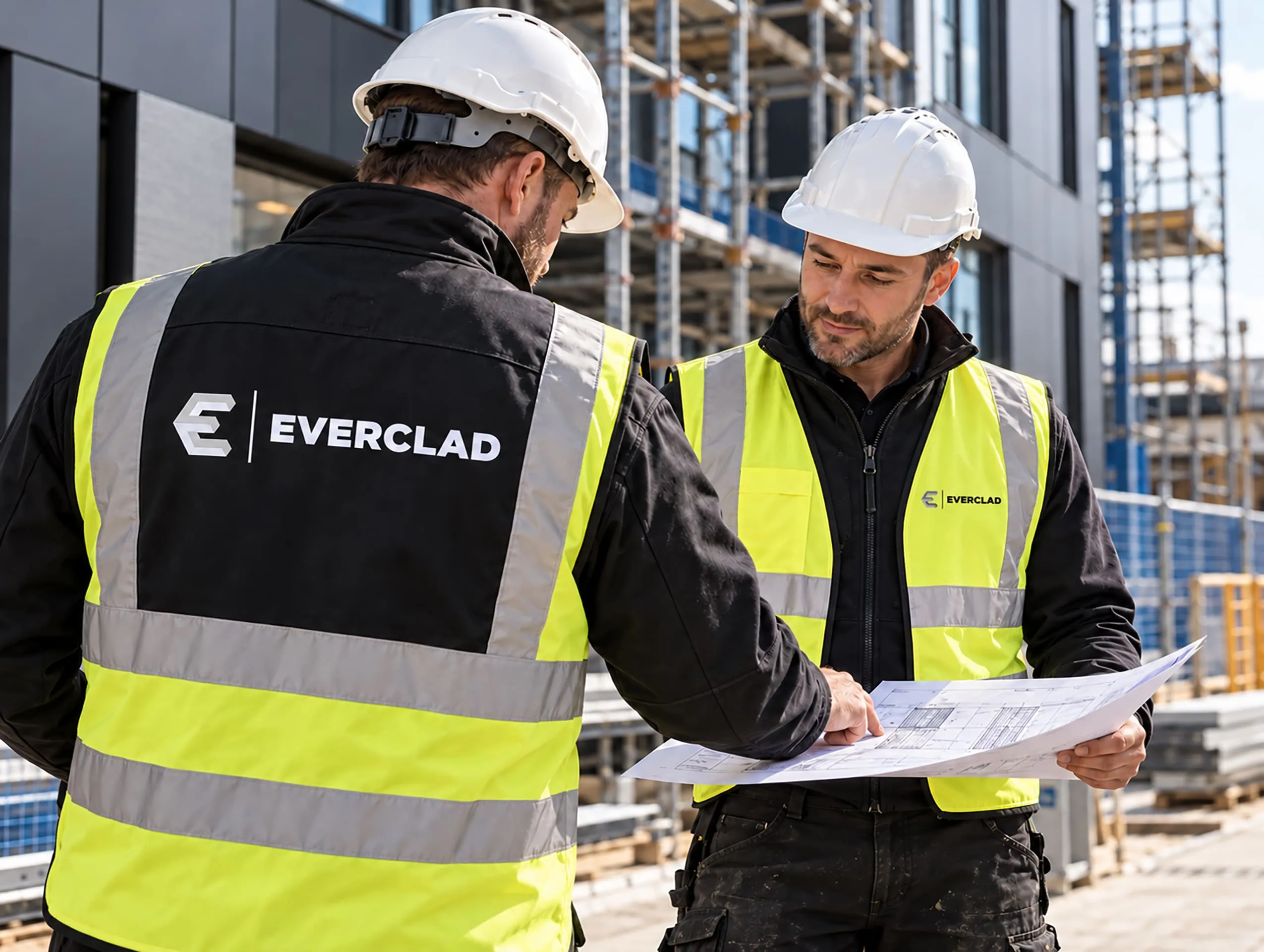 Two Everclad site staff in branded hi-vis vests reviewing drawings on site