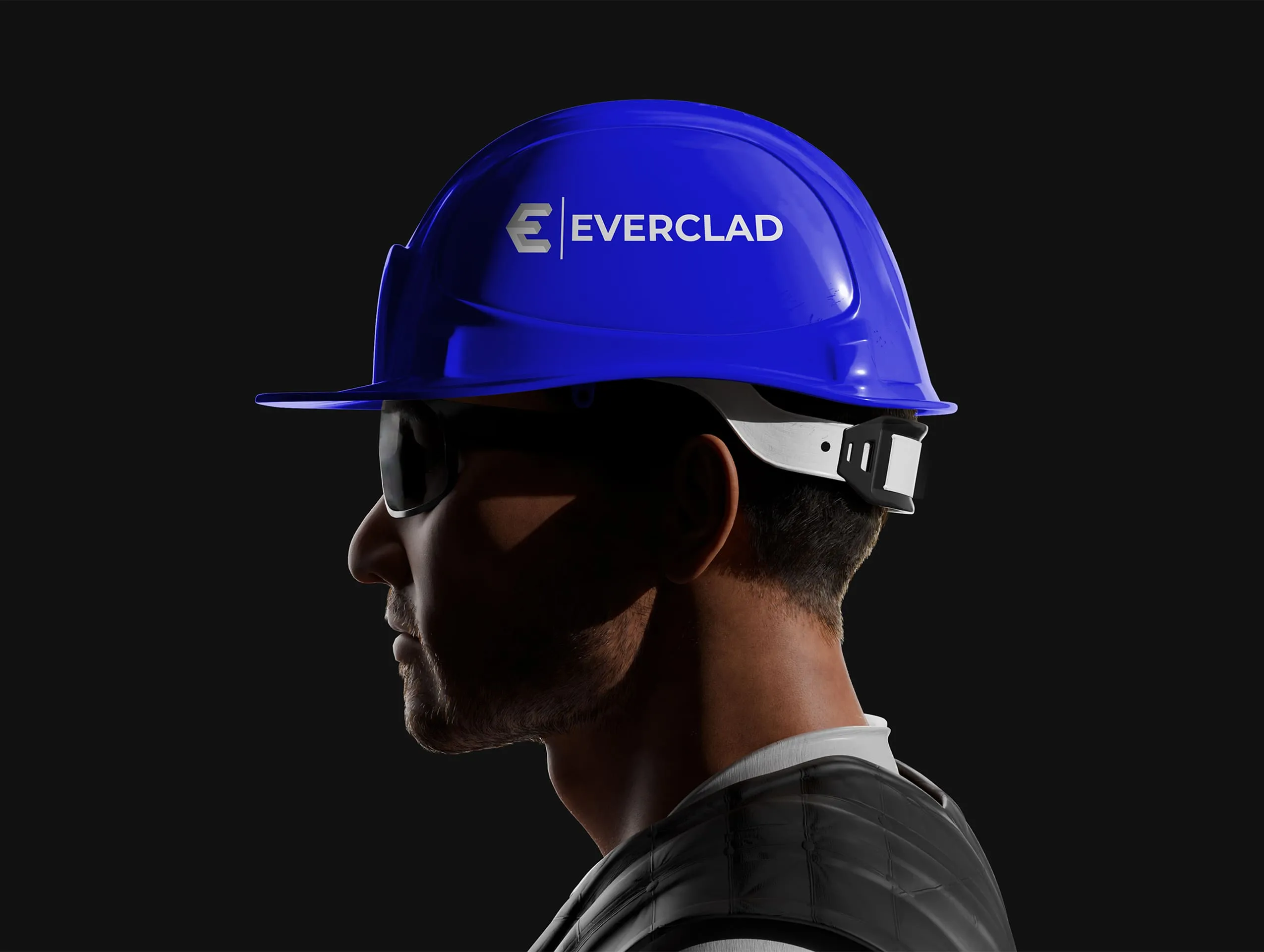 Worker wearing an Everclad branded blue hard hat