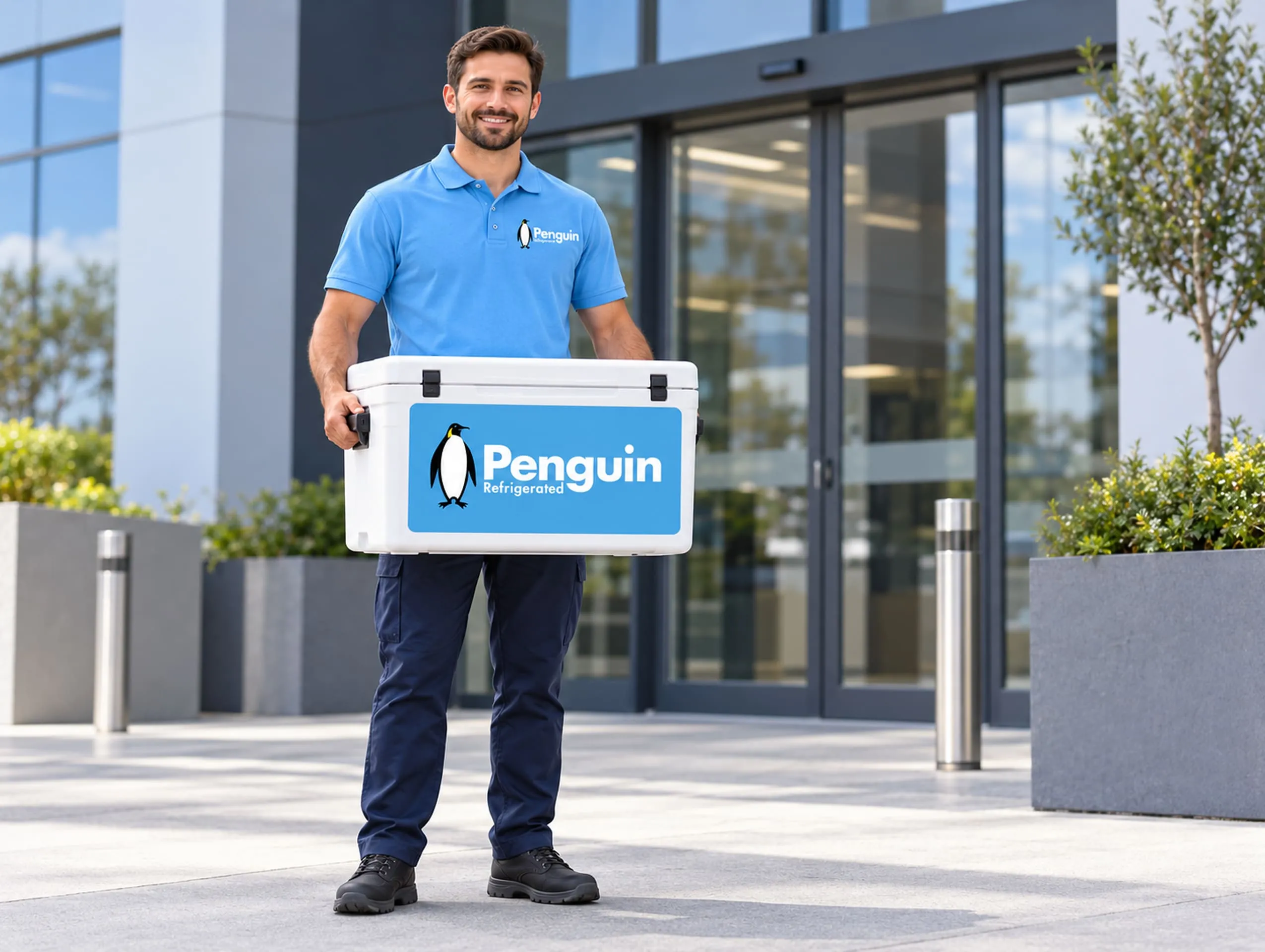 Staff member in Penguin uniform holding a branded box