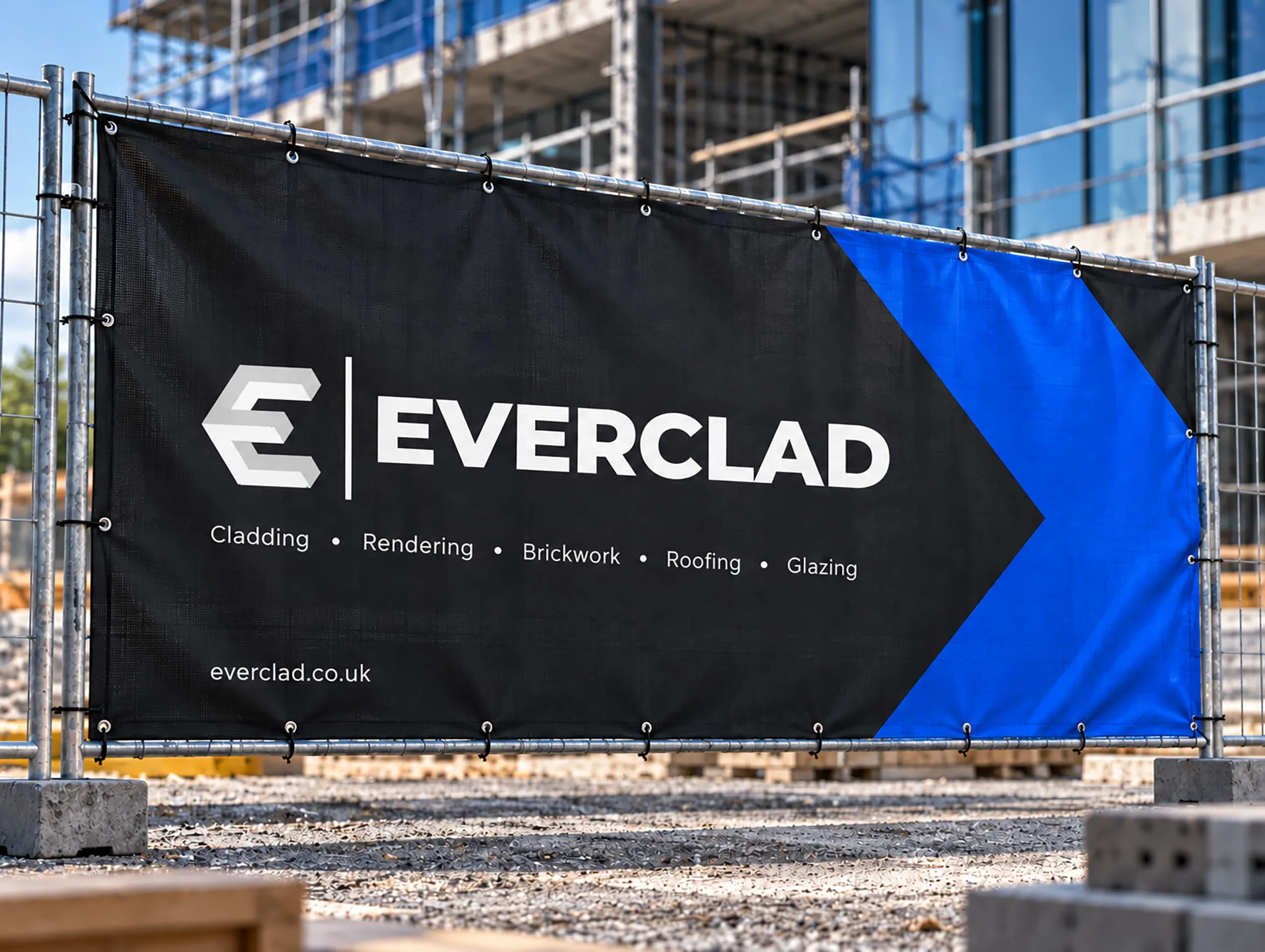 Everclad banner on scaffolding listing its services