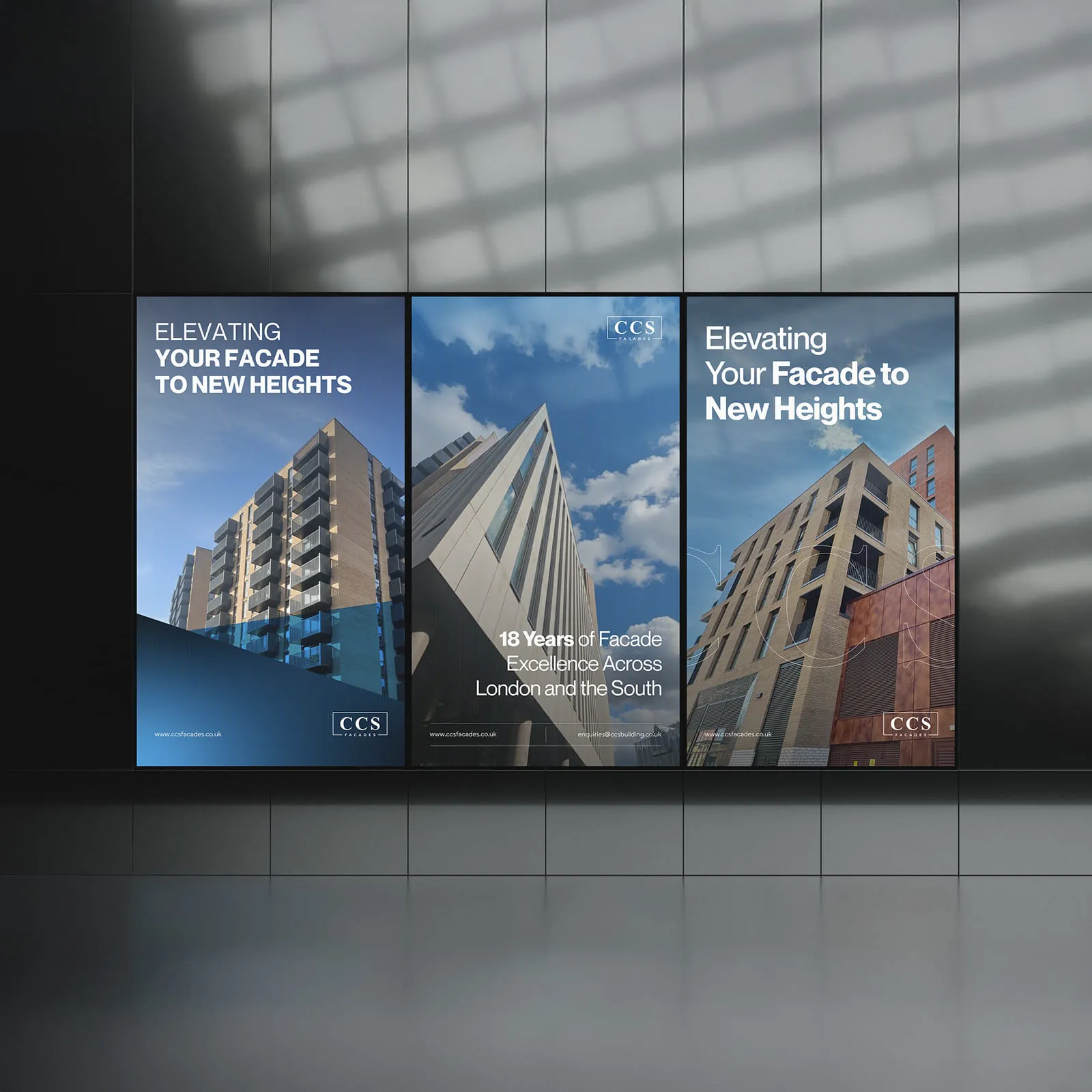 CCS Facades posters reading Elevating your facade to new heights, rebrand by Just Chill