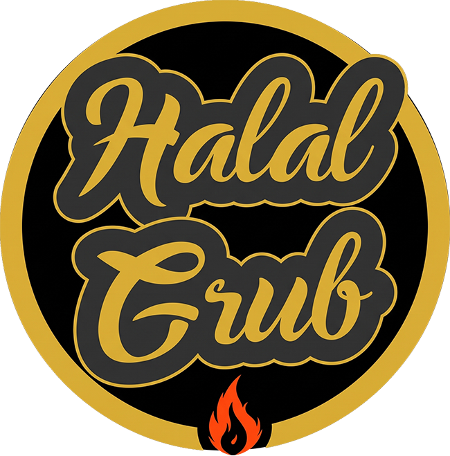 Logo with the words 'Halal Grub' in gold script on a black background, encircled by a gold ring, with a small red and orange flame at the bottom center.
