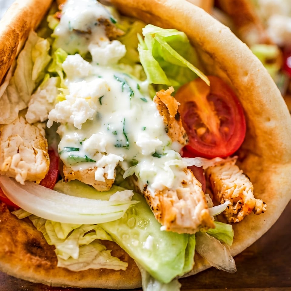 Close-up of a chicken gyro with grilled chicken pieces, sliced cucumber, tomato, lettuce, onions, crumbled white cheese, and creamy white sauce wrapped in pita bread.