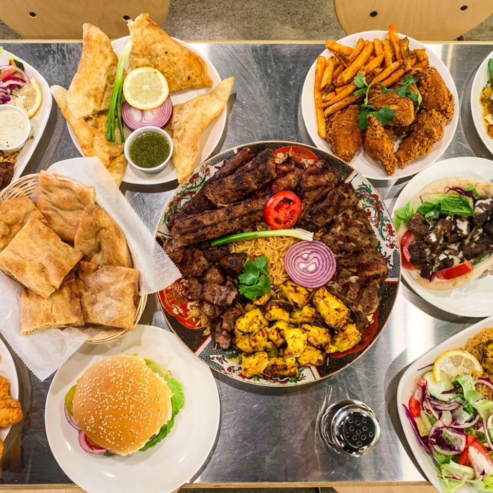 Overhead view of a table with multiple plates of diverse foods including a platter of grilled meats and rice garnished with tomato, onion, and herbs; a plate of fried chicken wings with fries; a sandwich with lettuce and tomato; stuffed triangular pastries with dipping sauces; flatbread in a basket; and fresh salad with lemon slices.