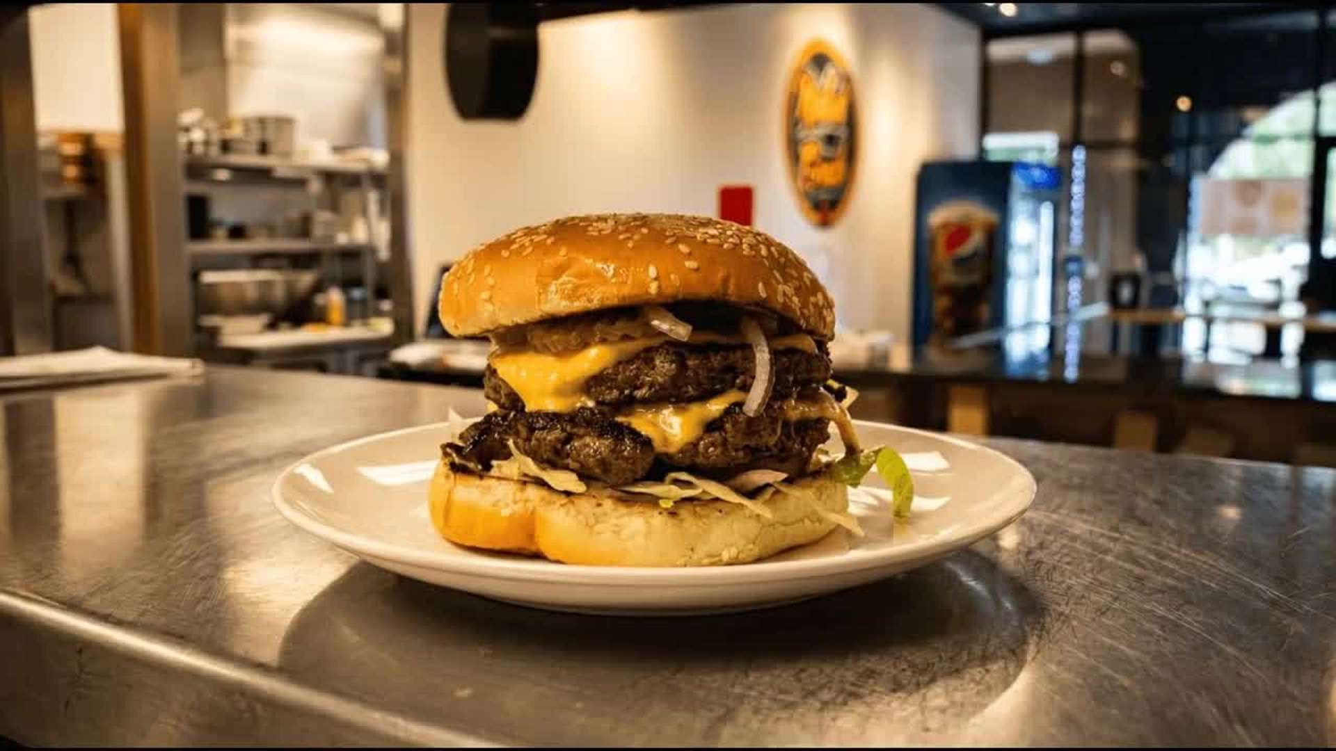 Double cheeseburger with two beef patties, melted cheddar cheese, lettuce, and onions on a sesame seed bun served on a white plate on a metal countertop in a restaurant kitchen.