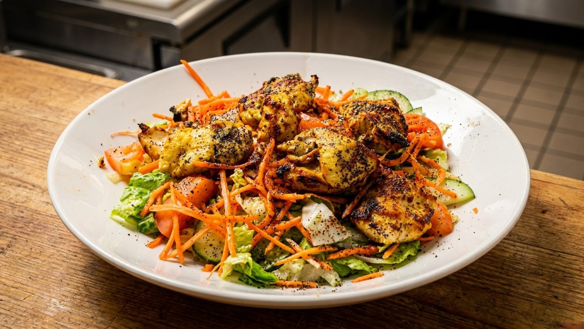 Plate of grilled chicken pieces served on a bed of fresh salad with shredded carrots, cucumber slices, tomato chunks, and lettuce, lightly seasoned with black pepper.