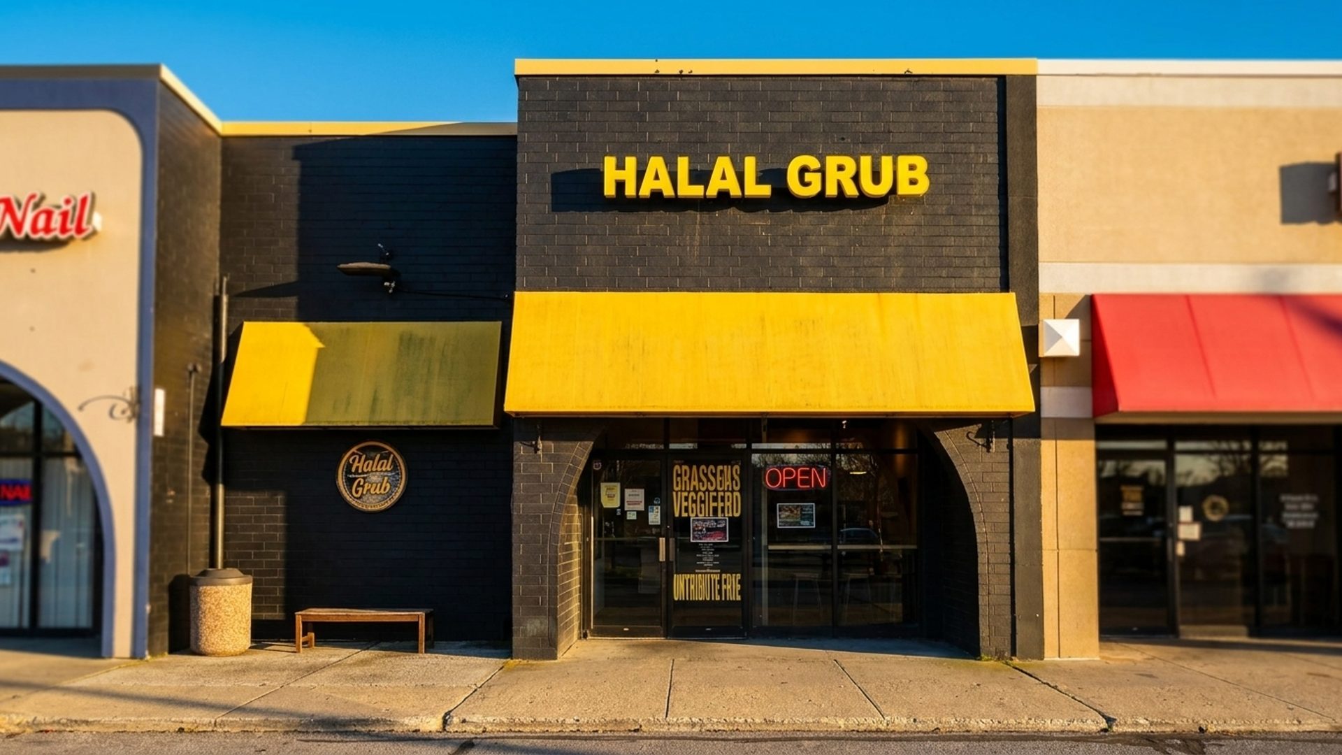 Front view of a restaurant named HALAL GRUB with bright yellow awnings over a black brick facade, a circular sign on the left wall, glass double doors with menu text and a red neon 'OPEN' sign.