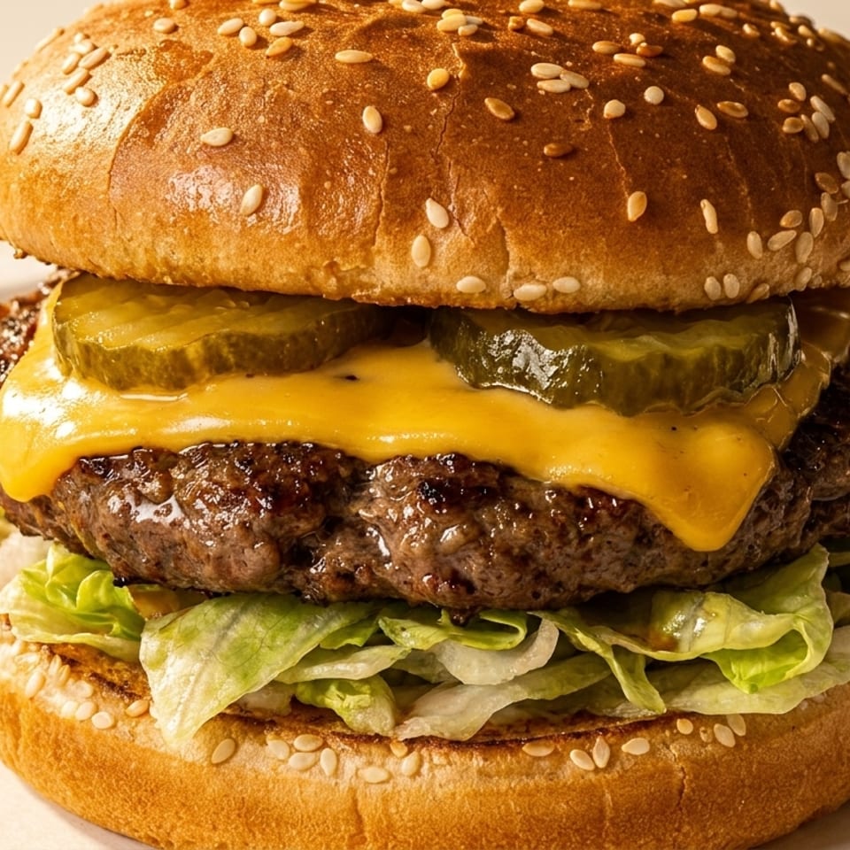 Close-up of a cheeseburger with sesame seed bun, melted cheddar cheese, pickles, grilled beef patty, and lettuce.