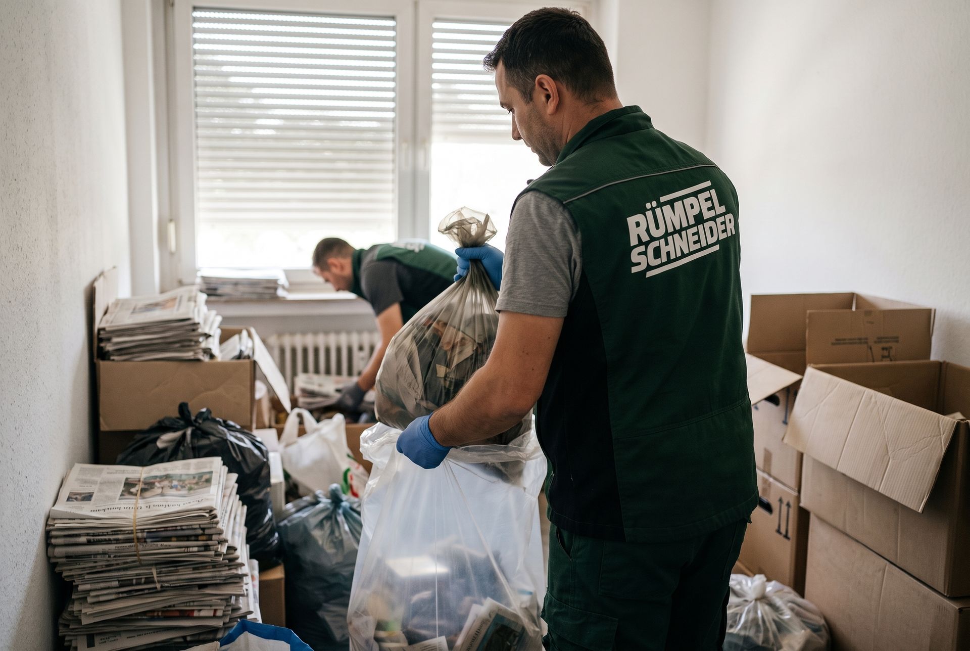 Symbolbild (KI-generiert): Ein Helfer sortiert Kartons und Säcke in einem vollen Raum