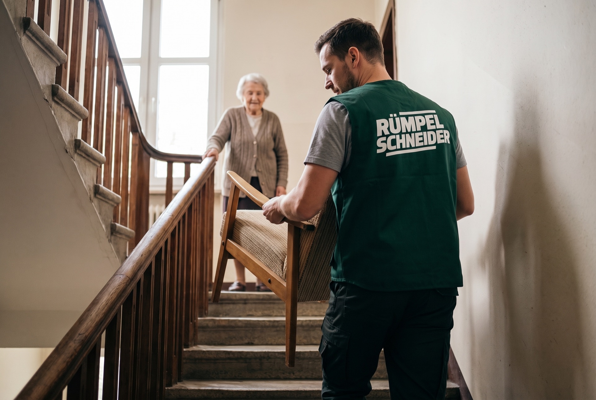 Symbolbild (KI-generiert): Ein Helfer trägt einen Sessel die Treppe hinunter