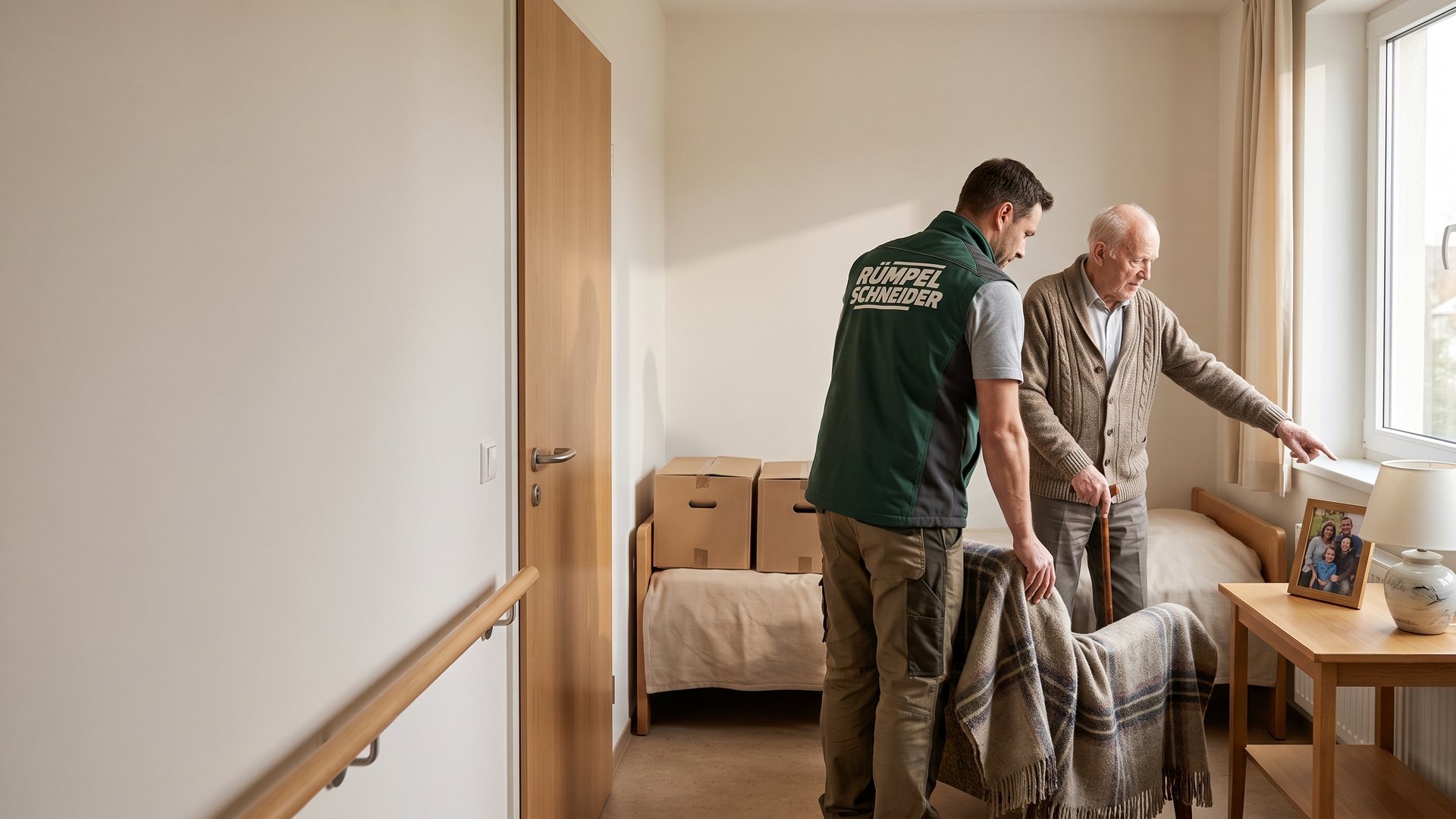 Symbolbild (KI-generiert): Ein Helfer stellt einen Sessel im neuen Zimmer eines älteren Herrn auf