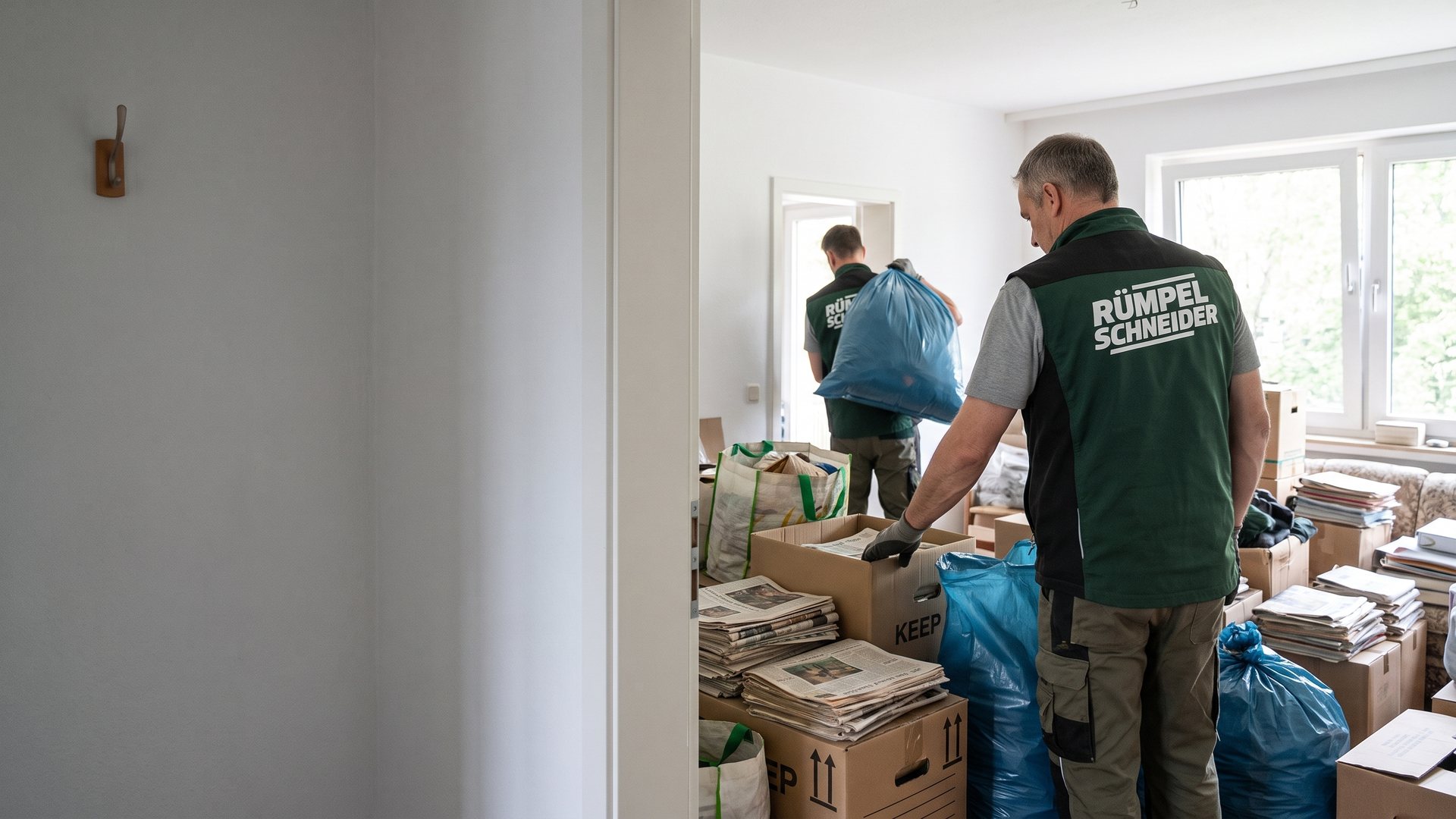 Symbolbild (KI-generiert): Helfer sortieren behutsam eine vollgestellte Wohnung