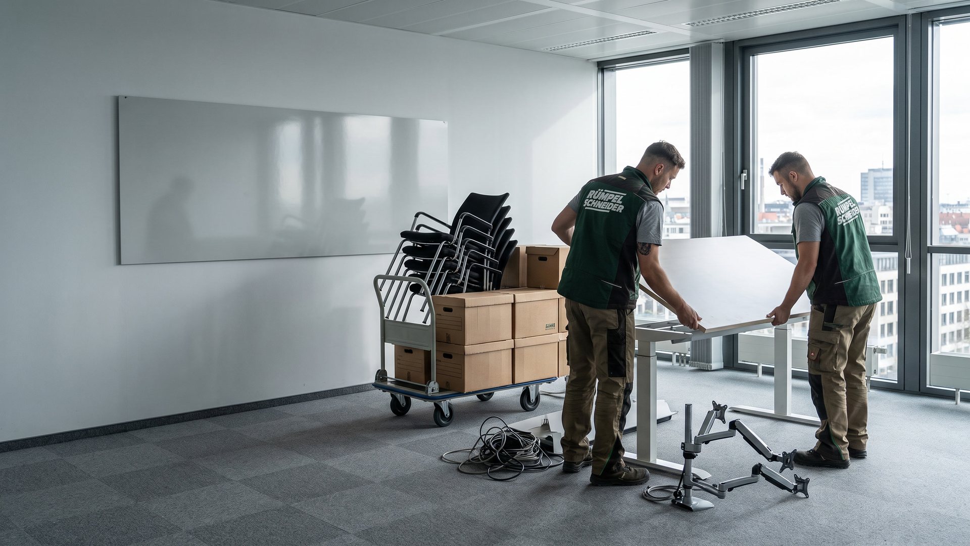 Symbolbild (KI-generiert): Helfer bauen Schreibtische in einem Großraumbüro ab und stapeln Bürostühle
