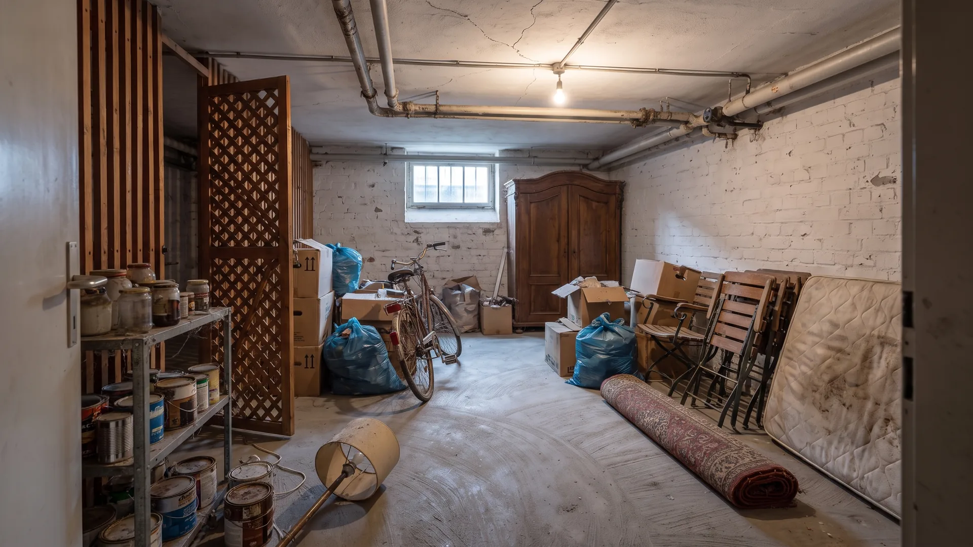 Symbolbild (KI-generiert): Vorher, vollgestellter Kellerraum mit Schrank, Kartons, Fahrrad und Matratze