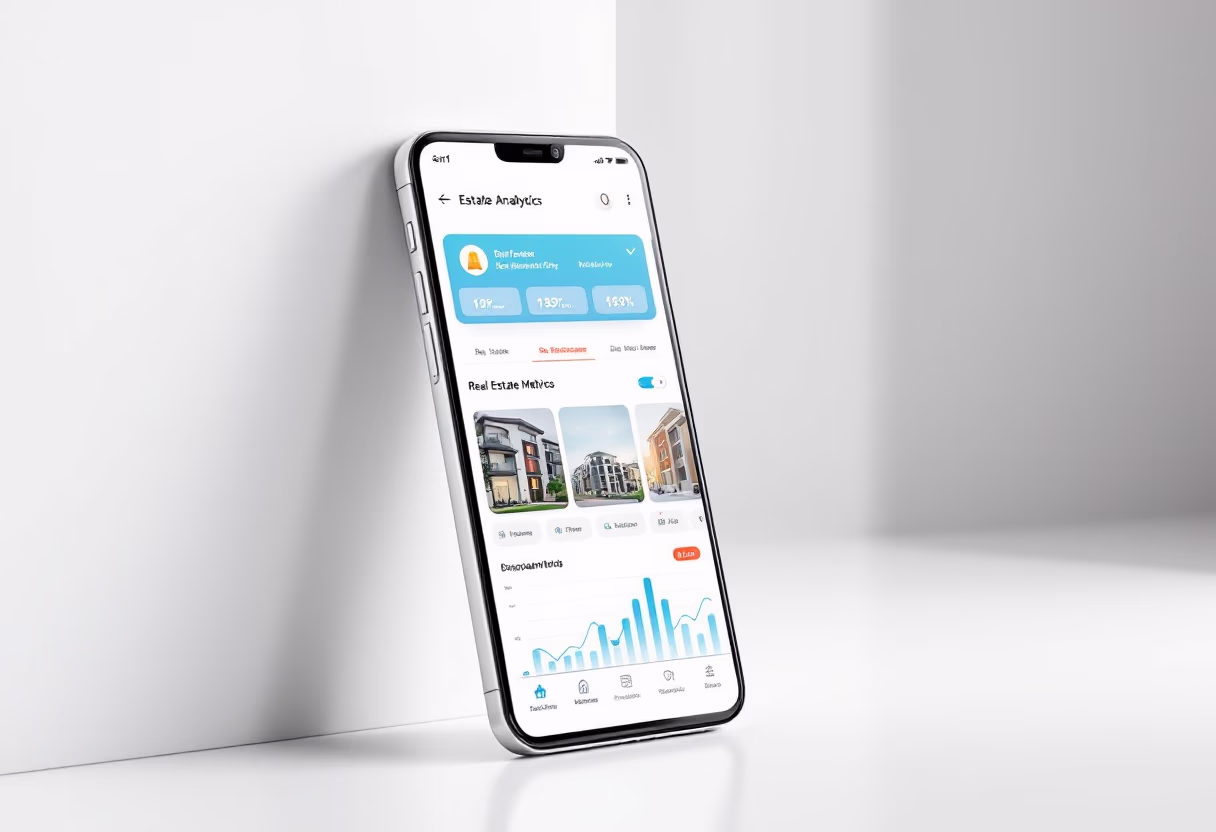 image of a smartphone displaying a data analytics dashboard (real estate tech)