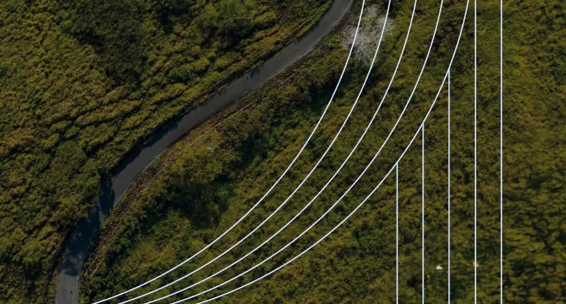 An aerial view of a river winding through green forest, crossed by white arcs