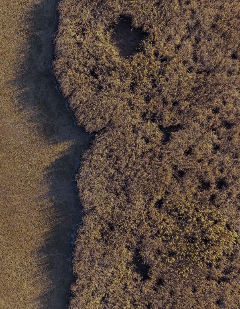 Aerial view of rugged brown terrain