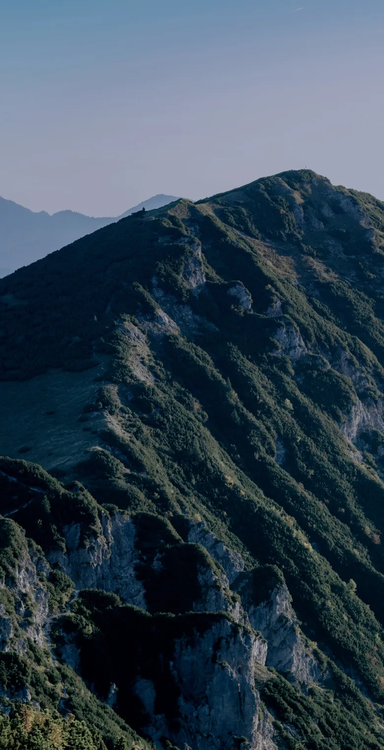 Green mountain summit under a clear sky
