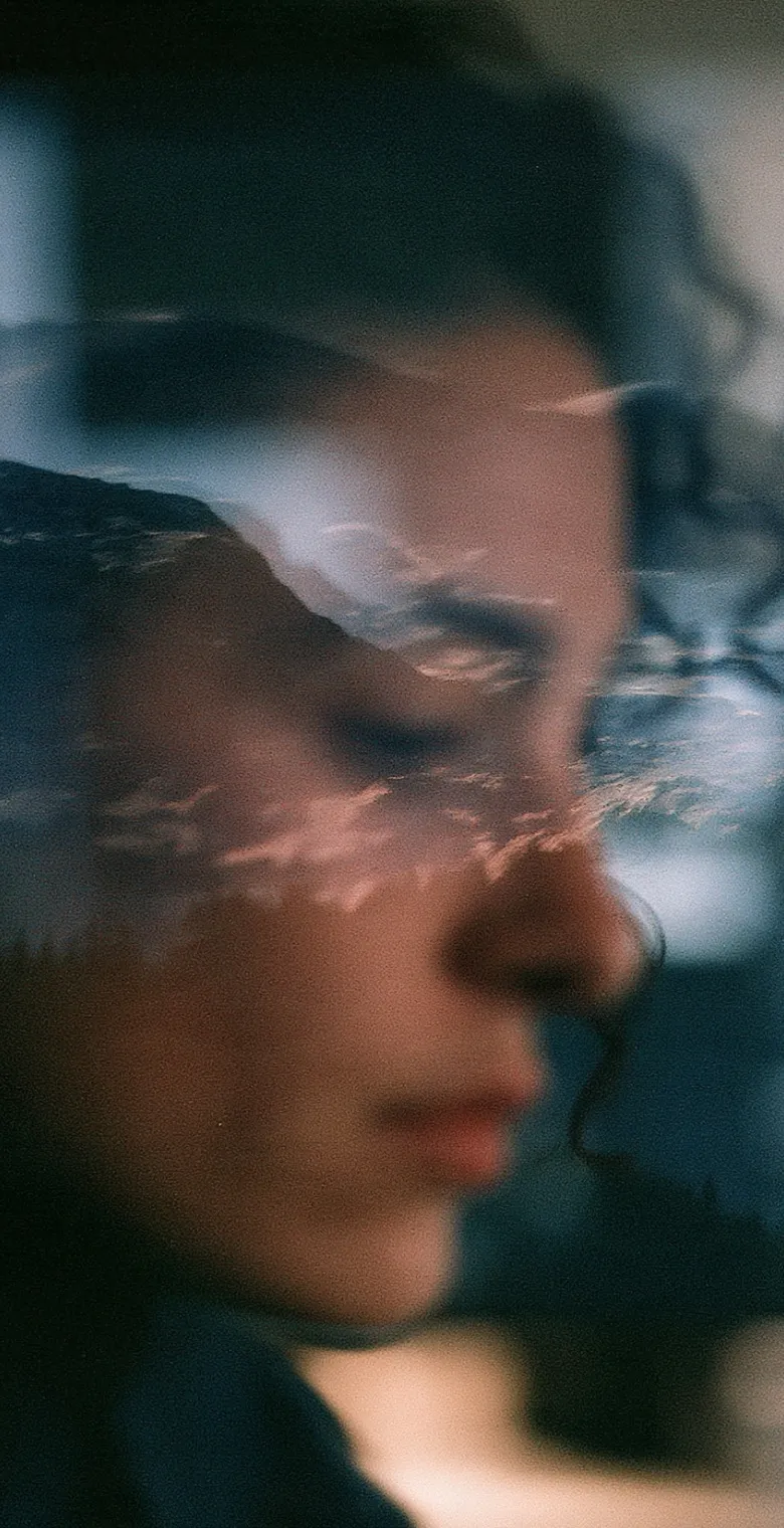 Someone working at a desk, seen through a long exposure