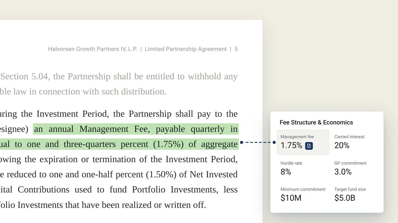 A management fee clause highlighted in a partnership agreement, linked to the extracted fee structure and economics