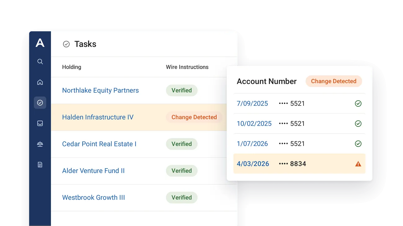Arch Tasks view with a changed wire instruction flagged on a capital call