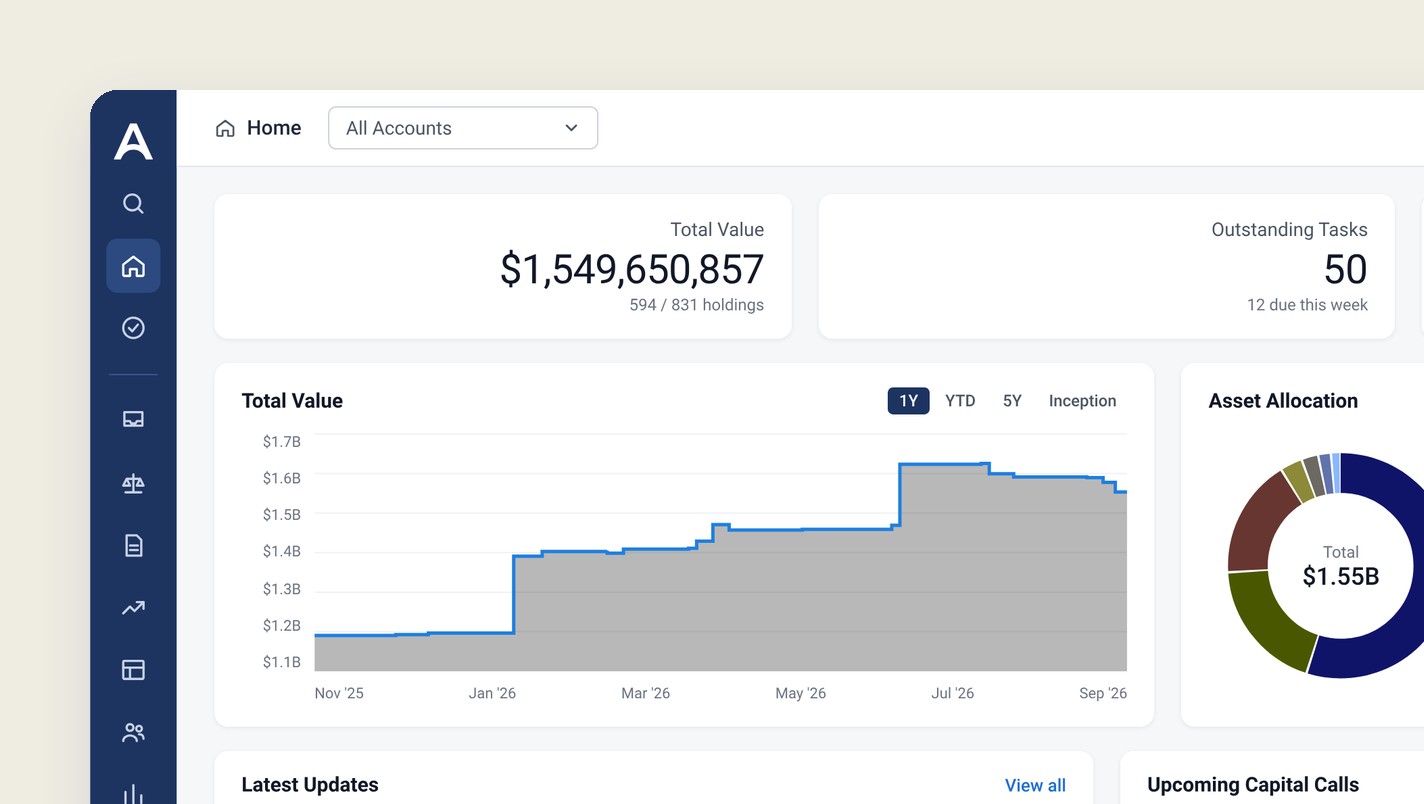 Arch home dashboard with total value, outstanding tasks, a value chart and asset allocation