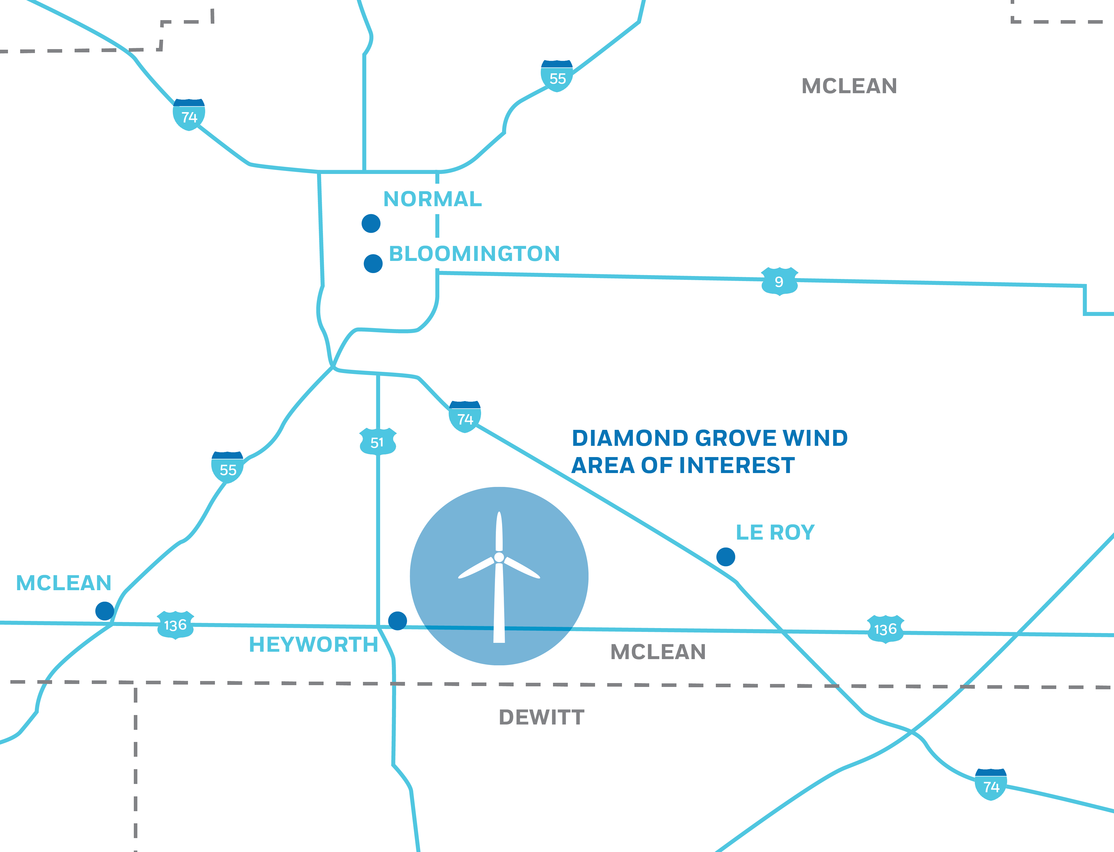Map highlighting the Diamond Grove Wind area of interest in McLean County, showing nearby towns Normal, Bloomington, Heyworth, and Le Roy, with major highways 55, 74, 136, 51, and 9.