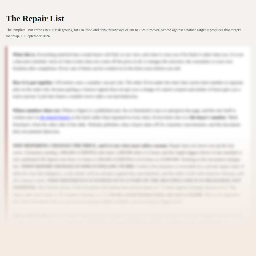 The first page of The Repair List, the priced list of defects a buyer looks for in a food and drink business
