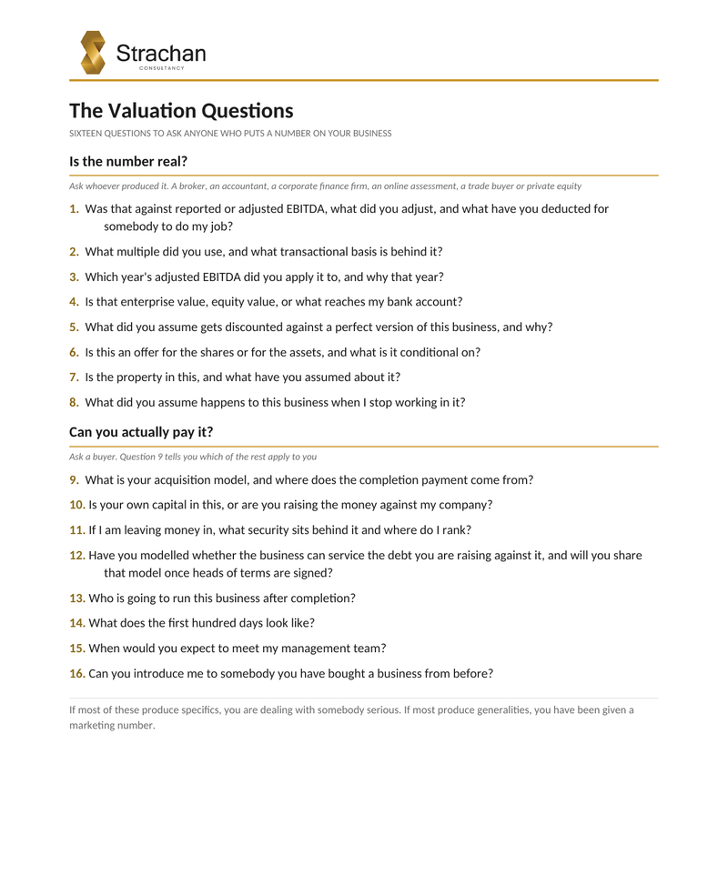 The Valuation Questions, a one-page card