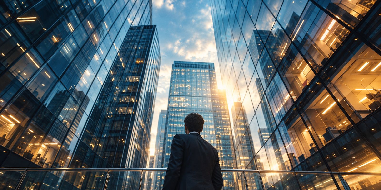 A person walks between glass office buildings.